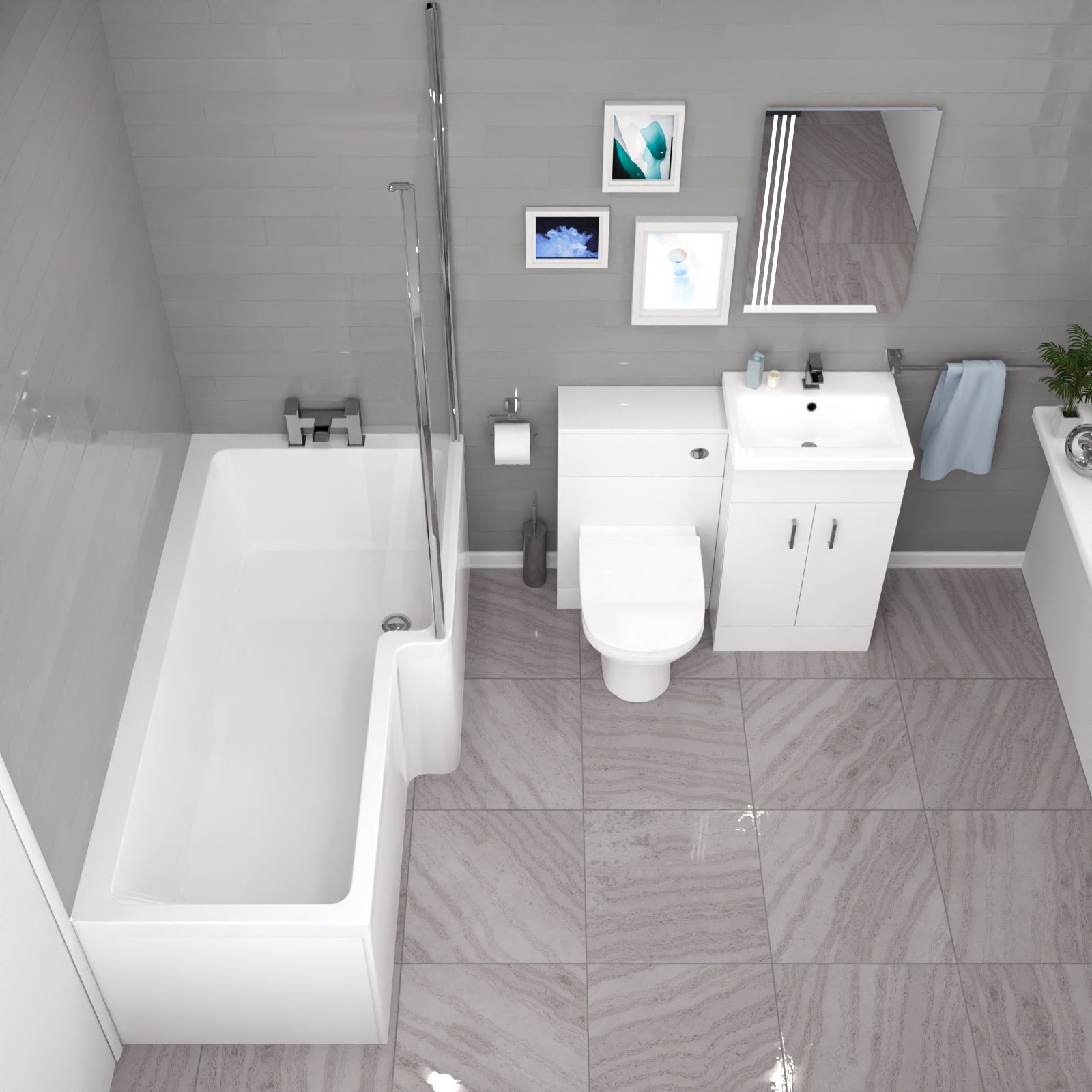 L-Shaped RH Shower Bath Floor Standing White Basin Vanity BTW Toilet