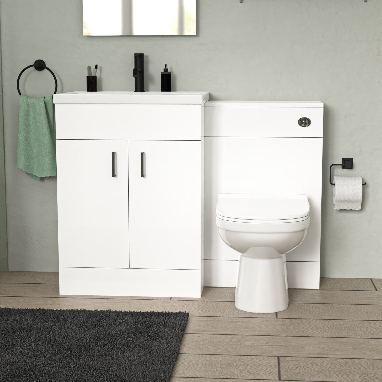 Nanuya L-Shaped Shower Bath with Vanity Unit & Toilet, Taps & Shower