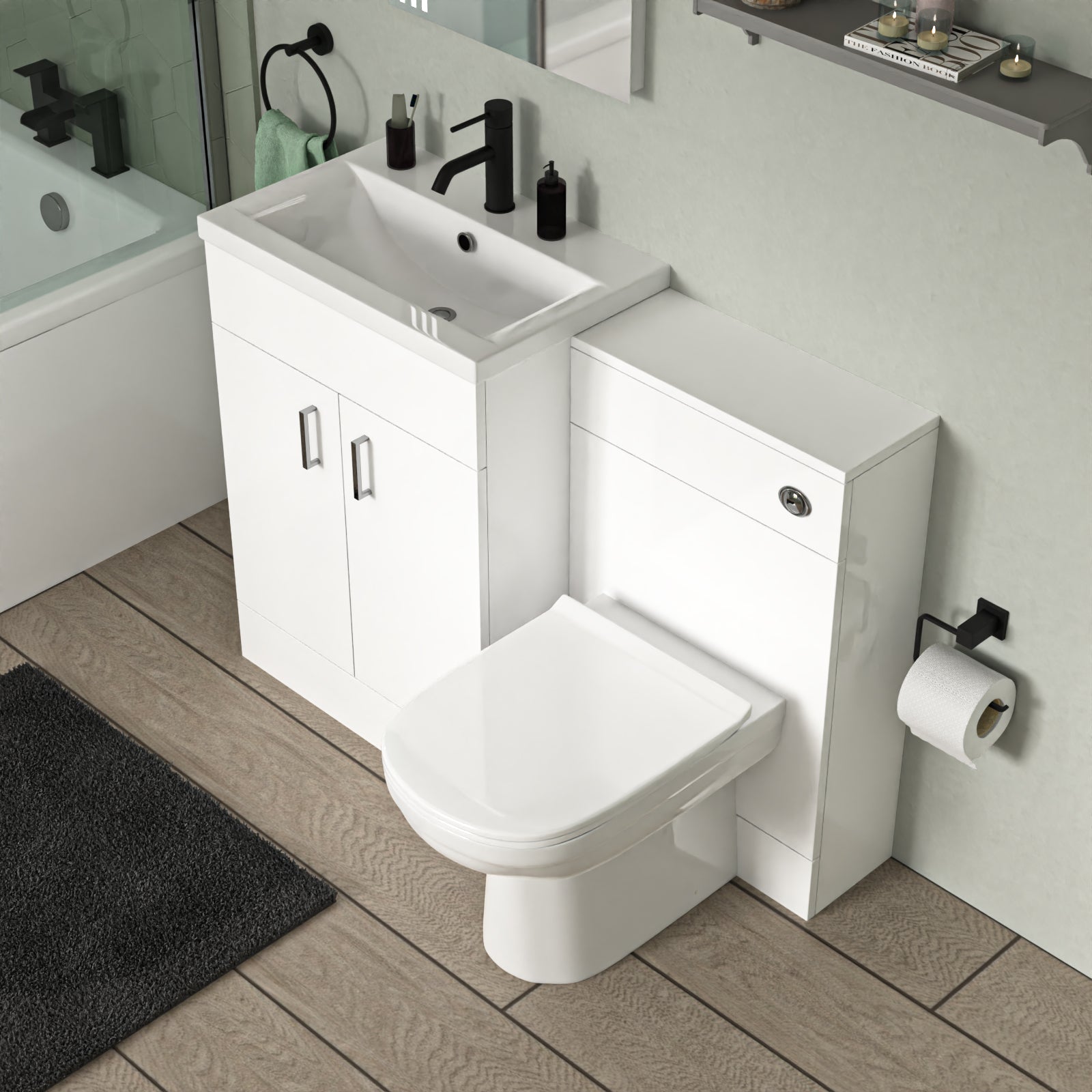 Nanuya L-Shaped Shower Bath with Vanity Unit & Toilet, Taps & Shower