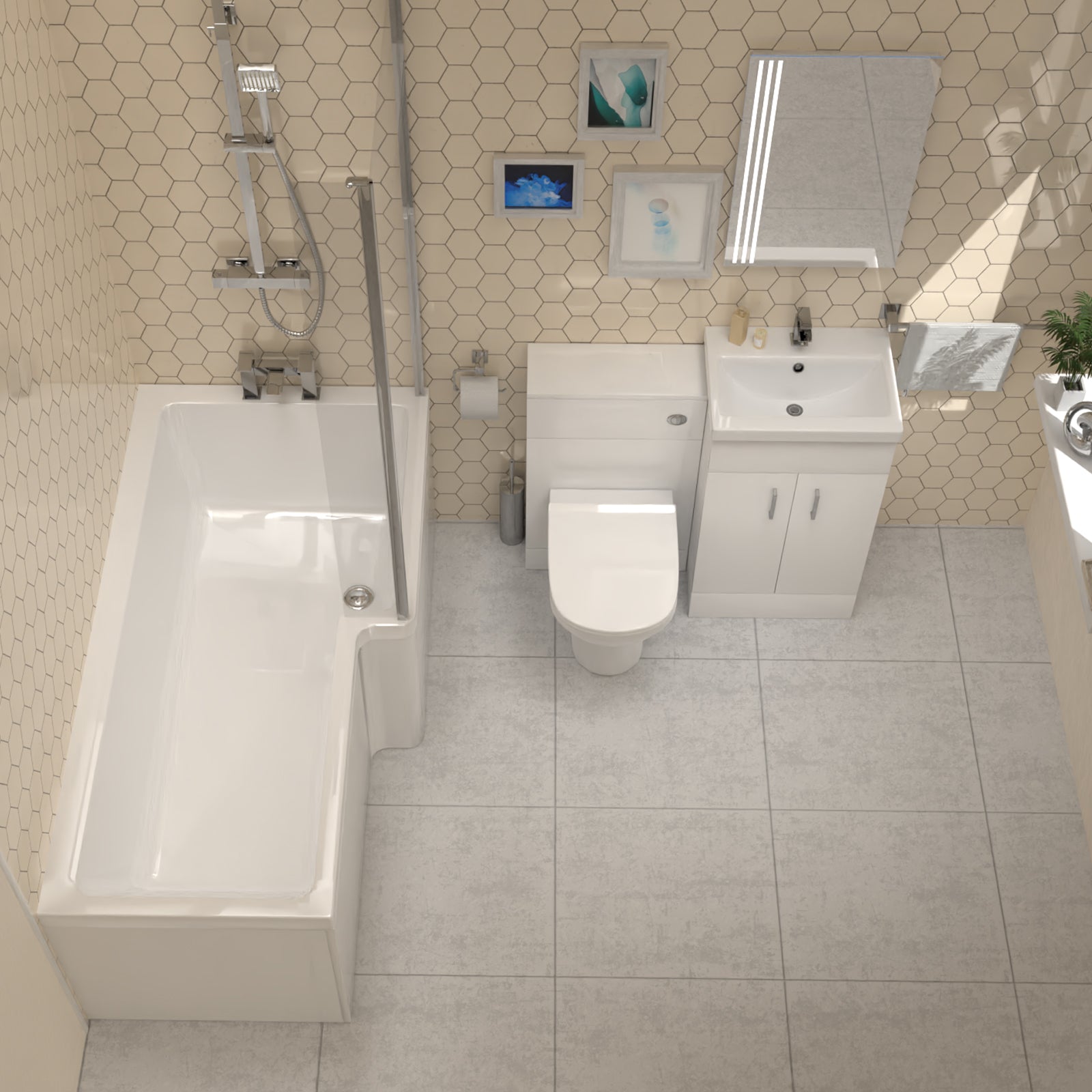 L-Shaped RH Shower Bath Floor Standing White Basin Vanity BTW Toilet