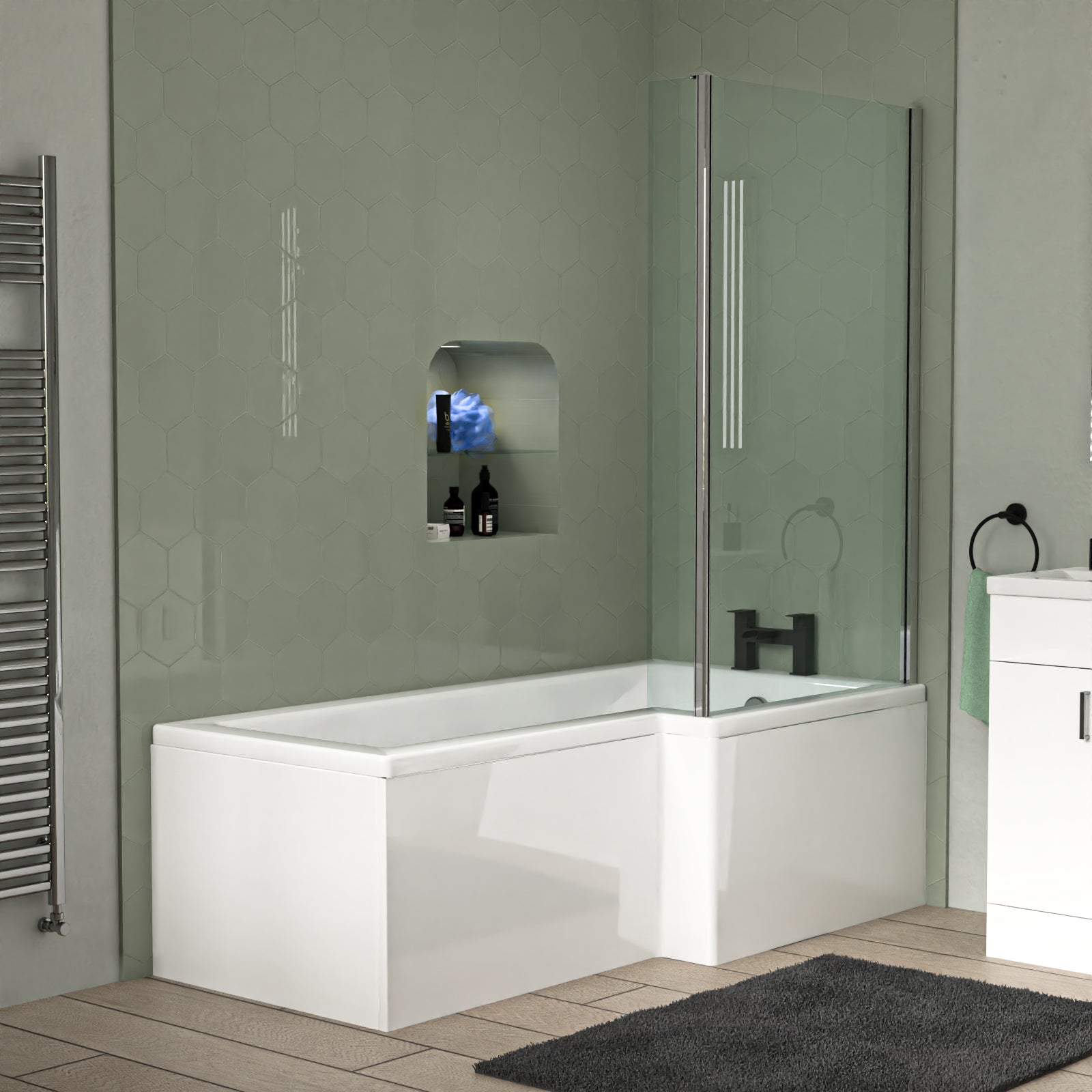 Nanuya L-Shaped Shower Bath with Vanity Unit & Toilet, Taps & Shower