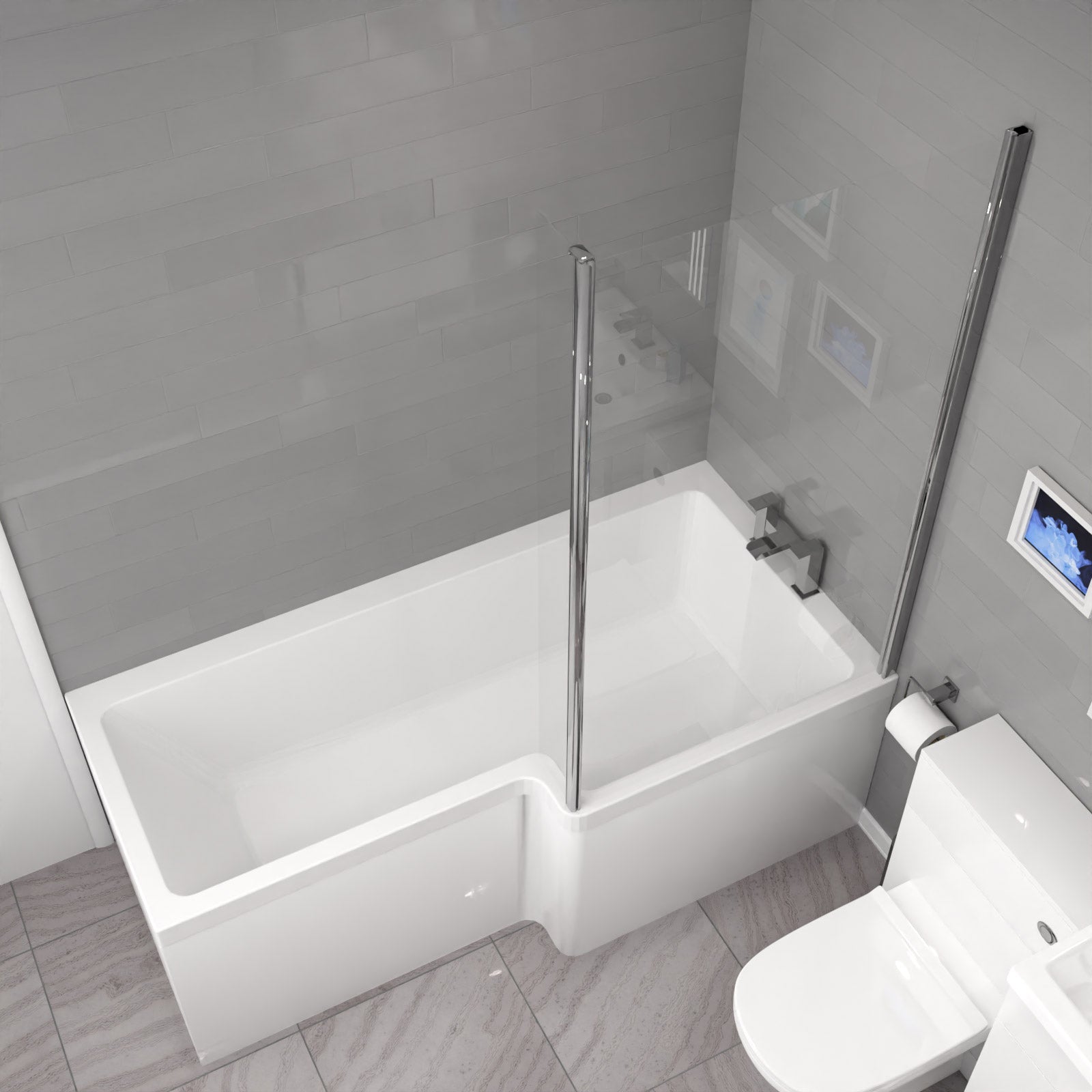 L-Shaped RH Shower Bath Floor Standing White Basin Vanity BTW Toilet