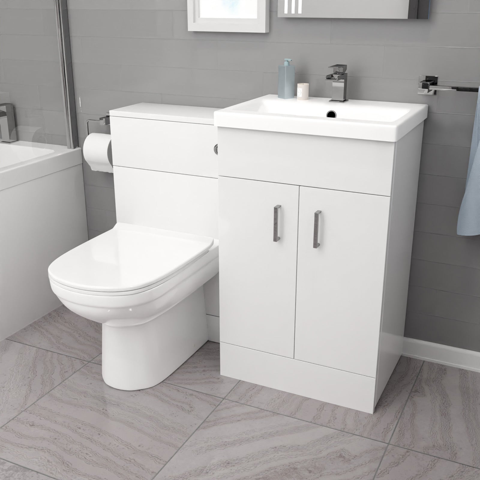 L-Shaped RH Shower Bath Floor Standing White Basin Vanity BTW Toilet