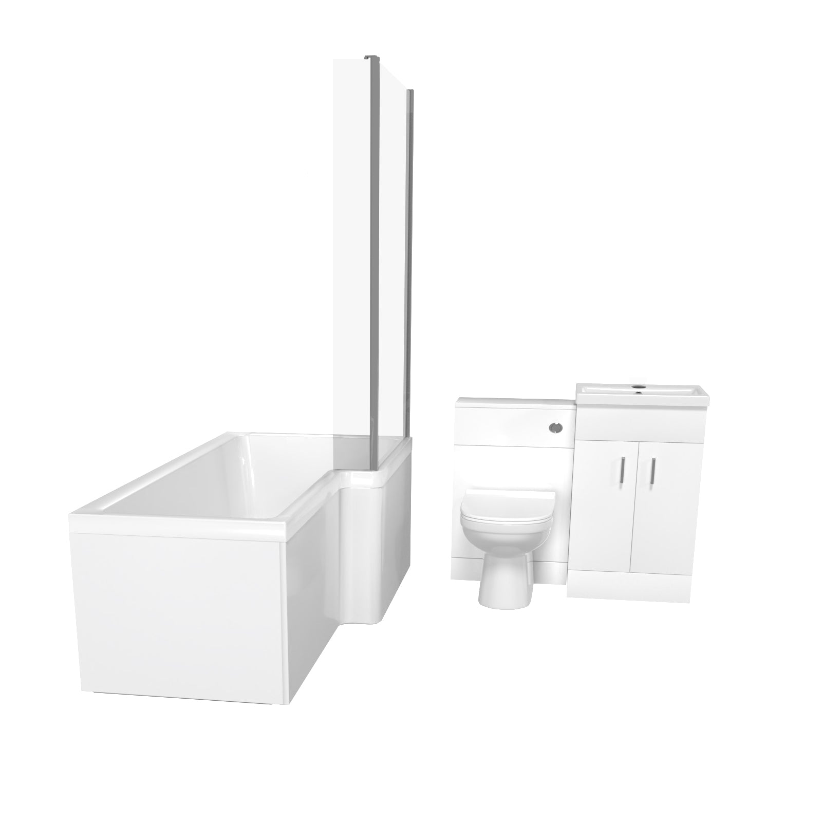 L-Shaped RH Shower Bath Floor Standing White Basin Vanity BTW Toilet