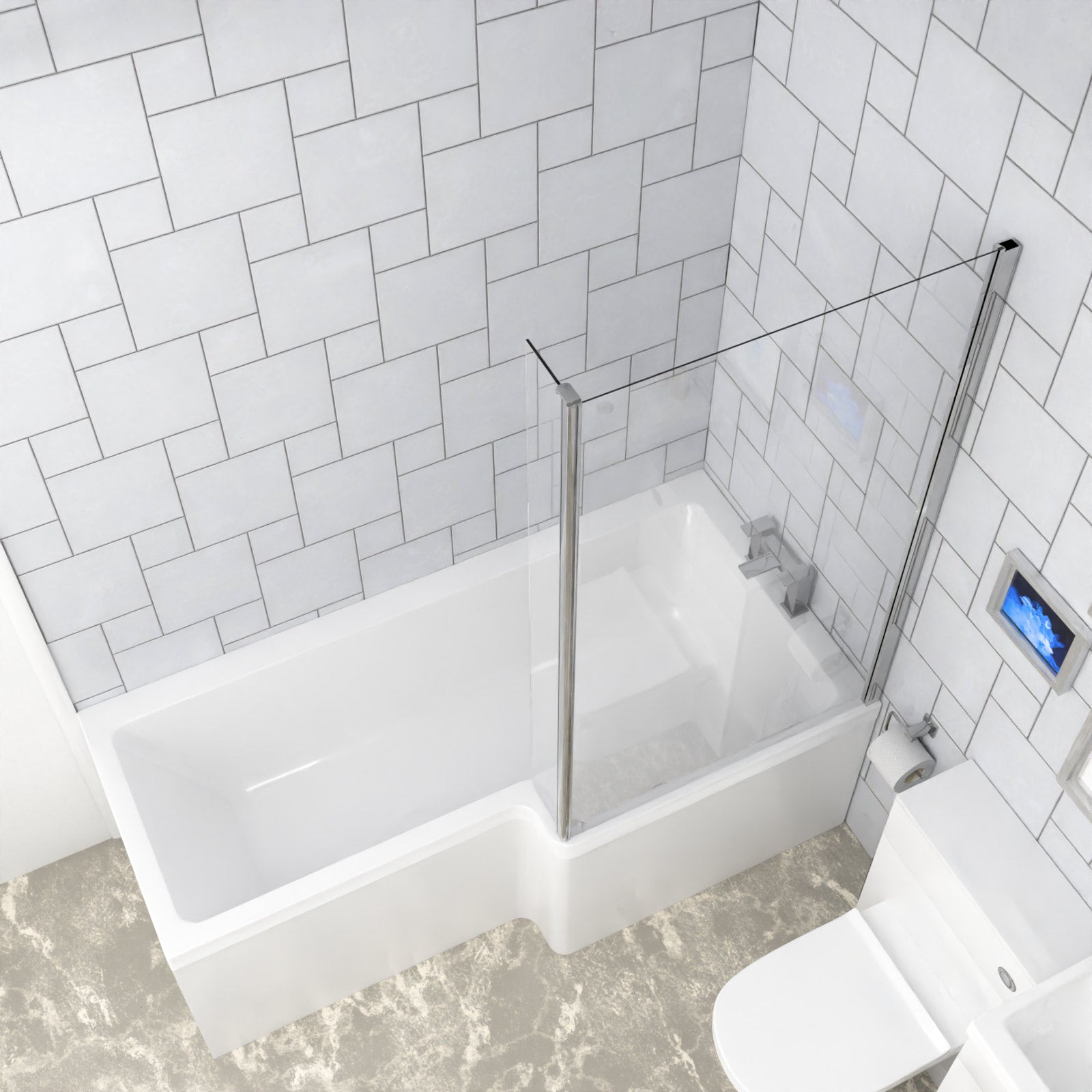 Cann L-Shaped Shower Bath with Vanity Unit & Toilet, Taps & Shower