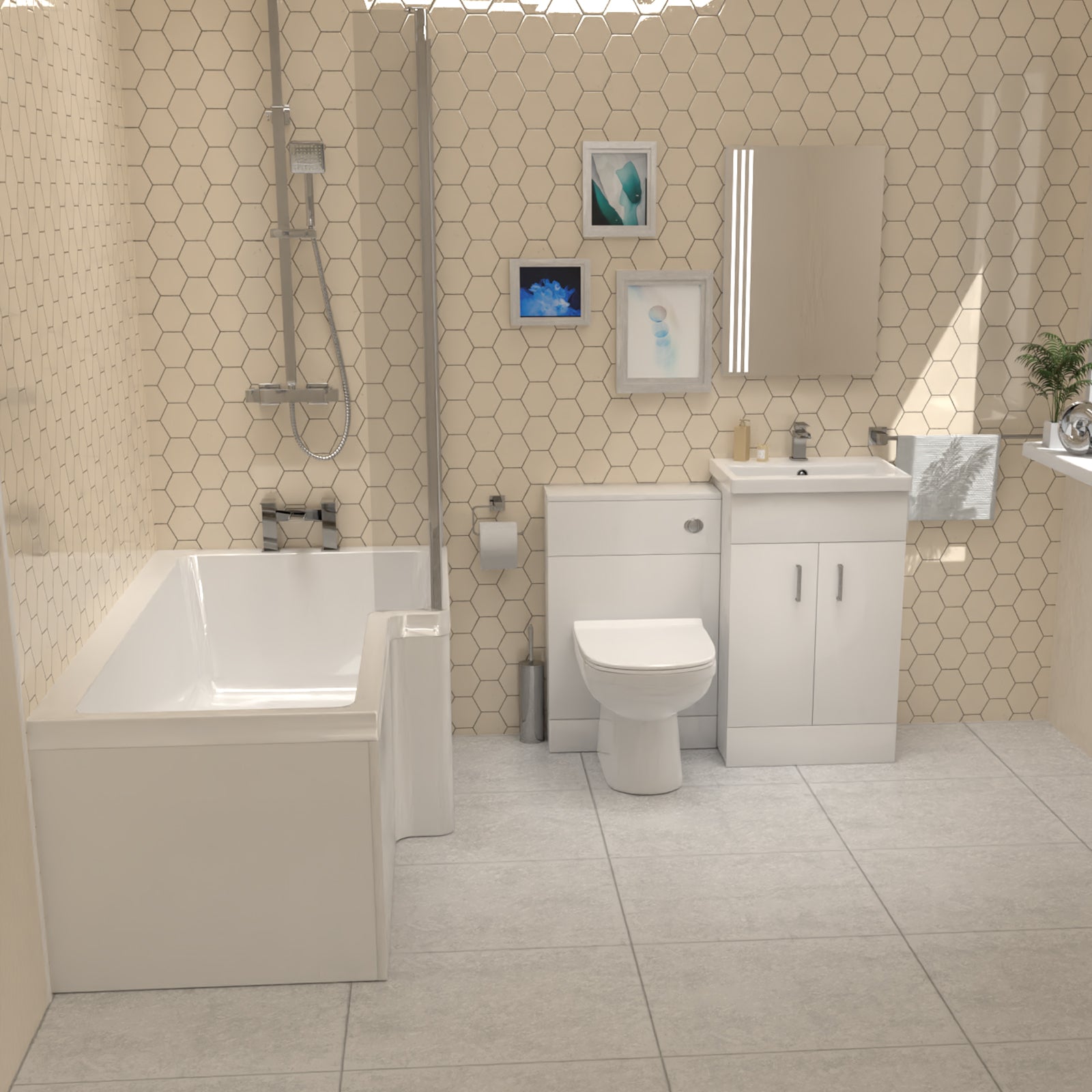 L-Shaped RH Shower Bath Floor Standing White Basin Vanity BTW Toilet
