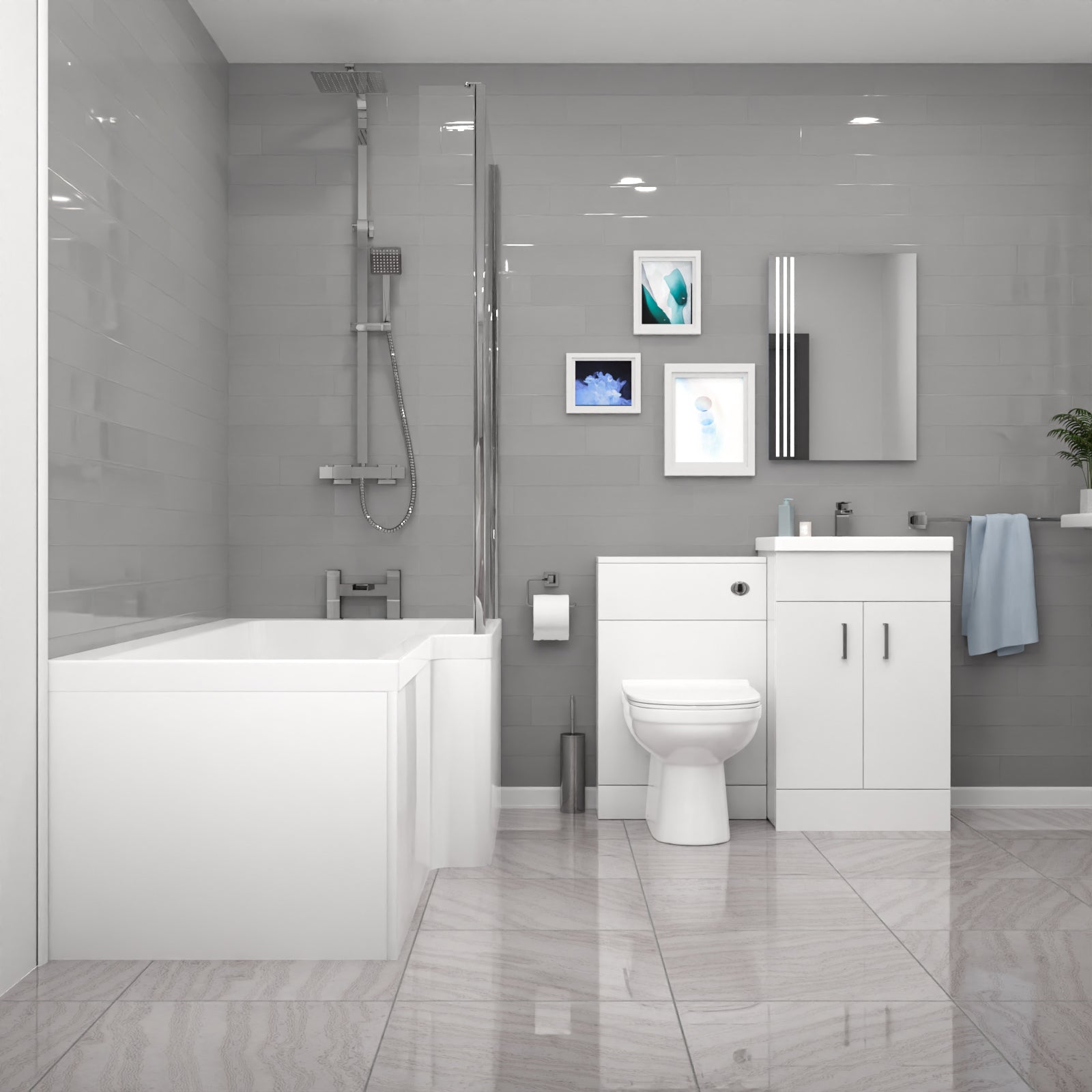 Nanuya L-Shaped RT Bath, Exposed Shower, White Basin Vanity, Taps, BTW Toilet