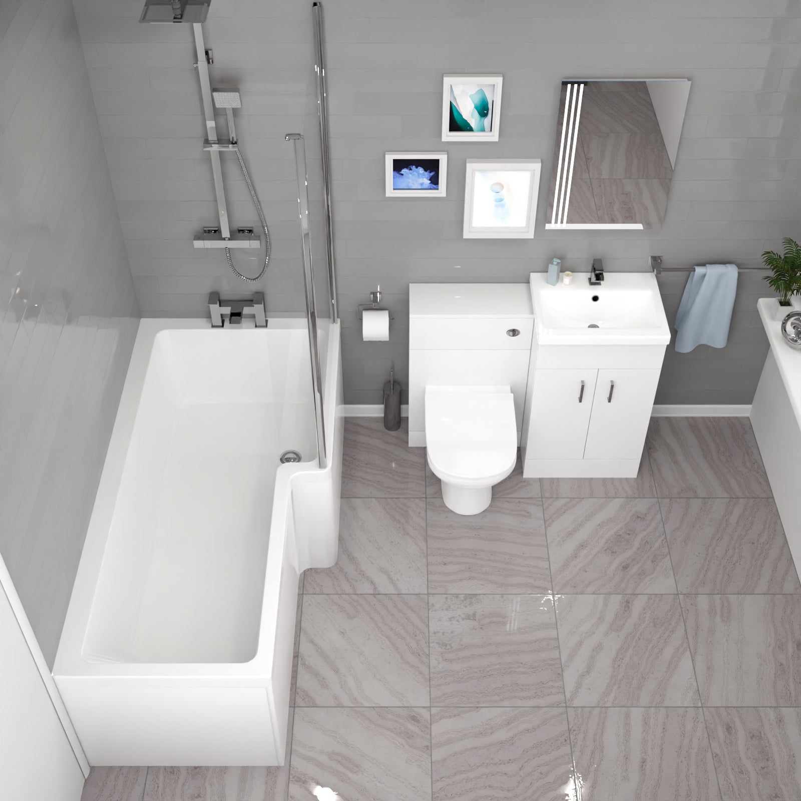 Nanuya L-Shaped RT Bath, Exposed Shower, White Basin Vanity, Taps, BTW Toilet