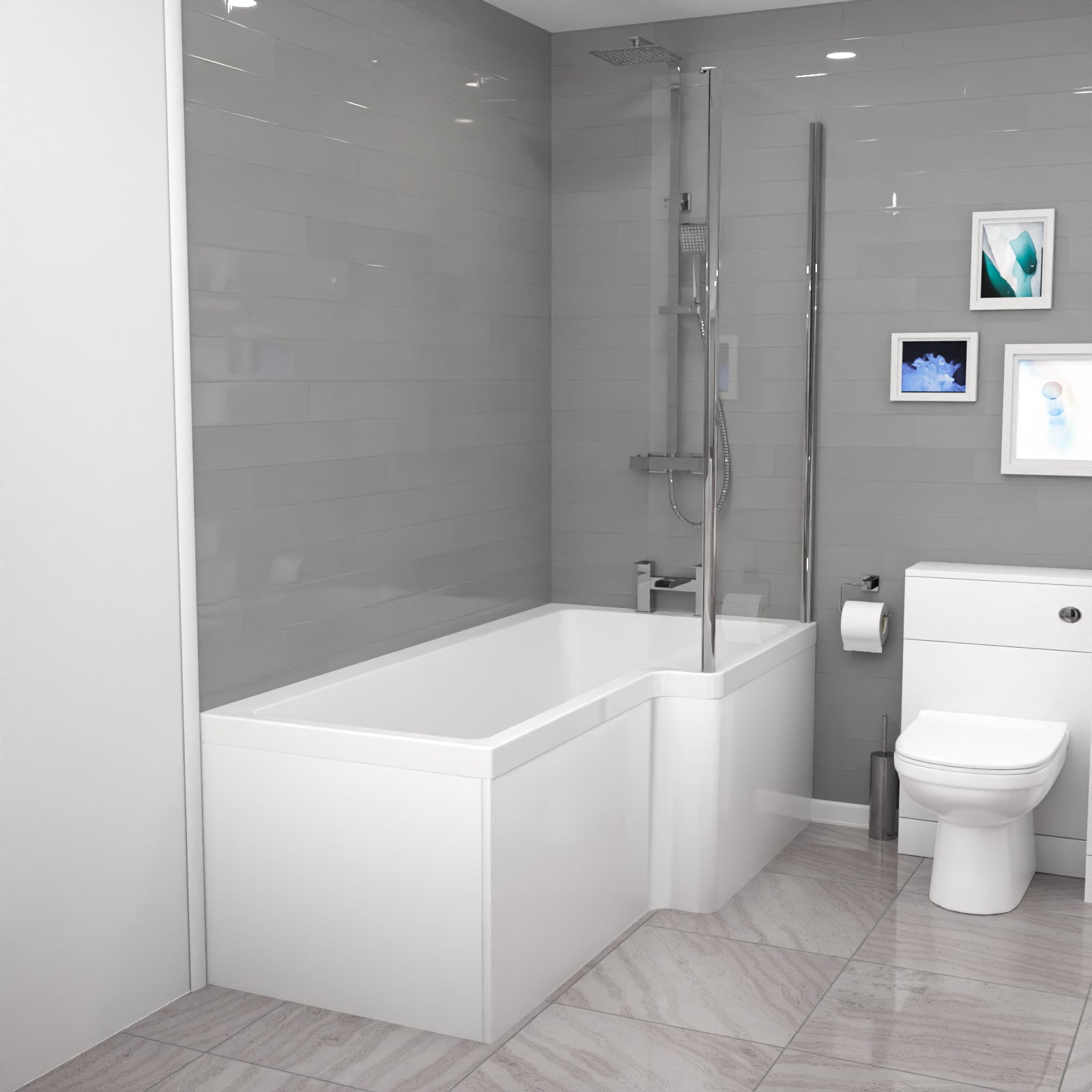 Nanuya L-Shaped RT Bath, Exposed Shower, White Basin Vanity, Taps, BTW Toilet