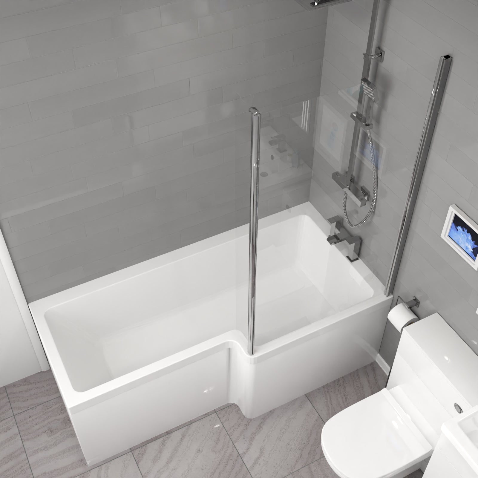 Nanuya L-Shaped RT Bath, Exposed Shower, White Basin Vanity, Taps, BTW Toilet