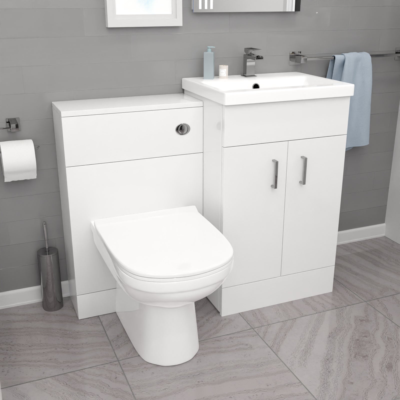Nanuya L-Shaped RT Bath, Exposed Shower, White Basin Vanity, Taps, BTW Toilet