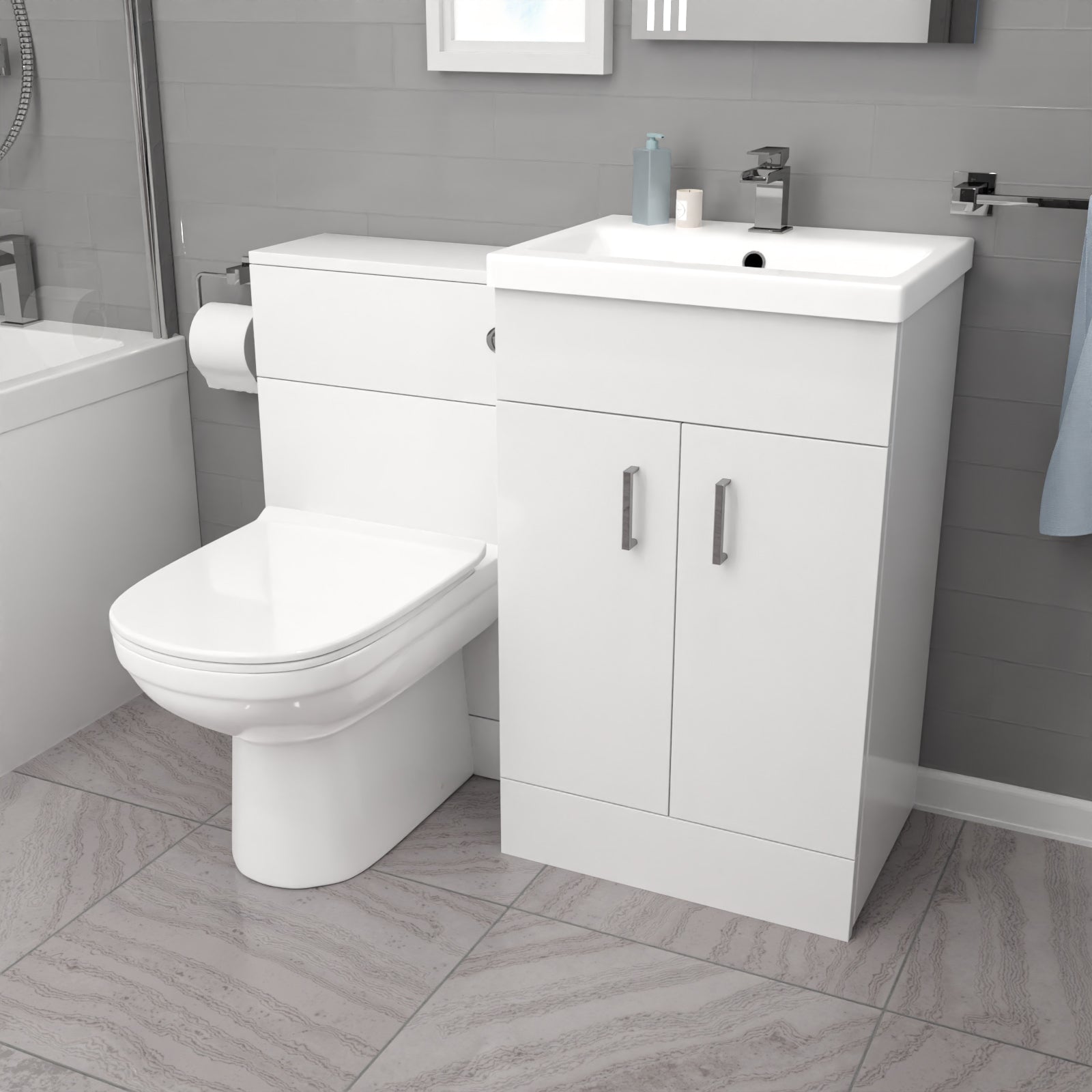 Nanuya L-Shaped RT Bath, Exposed Shower, White Basin Vanity, Taps, BTW Toilet