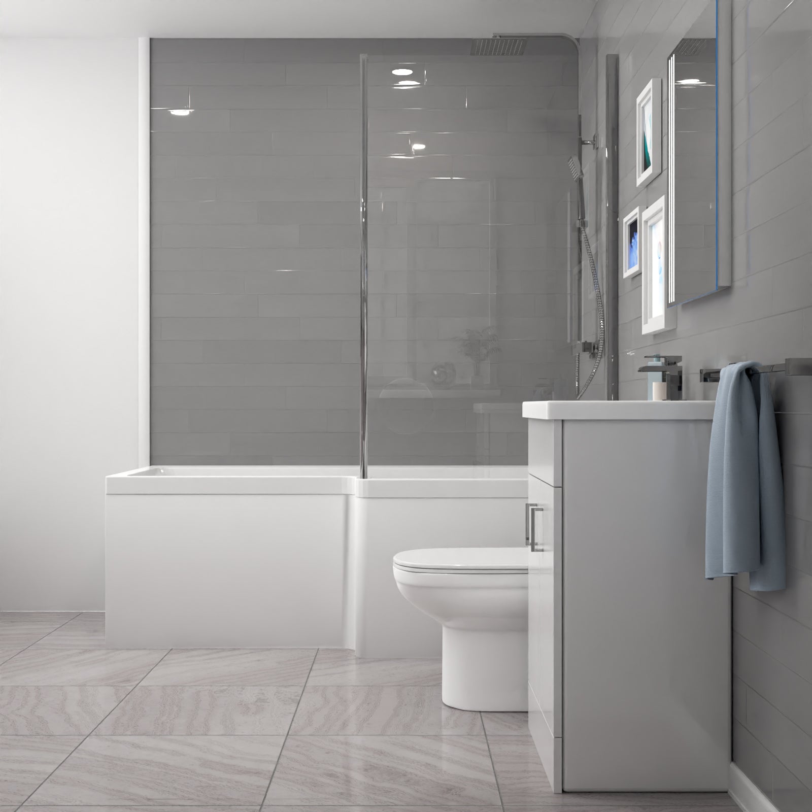 Nanuya L-Shaped RT Bath, Exposed Shower, White Basin Vanity, Taps, BTW Toilet