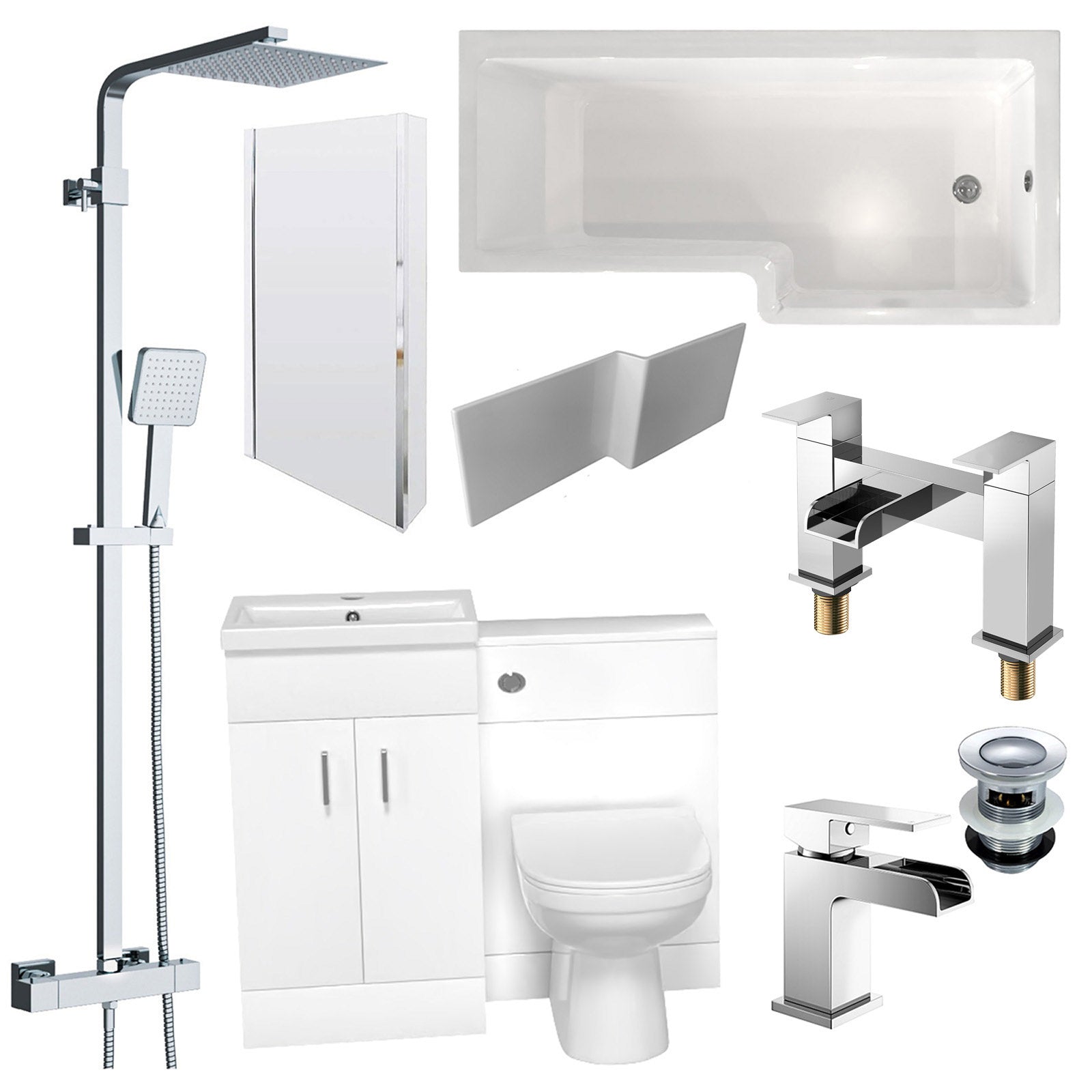 Nanuya L-Shaped Shower Bath with Vanity Unit & Toilet, Taps & Shower