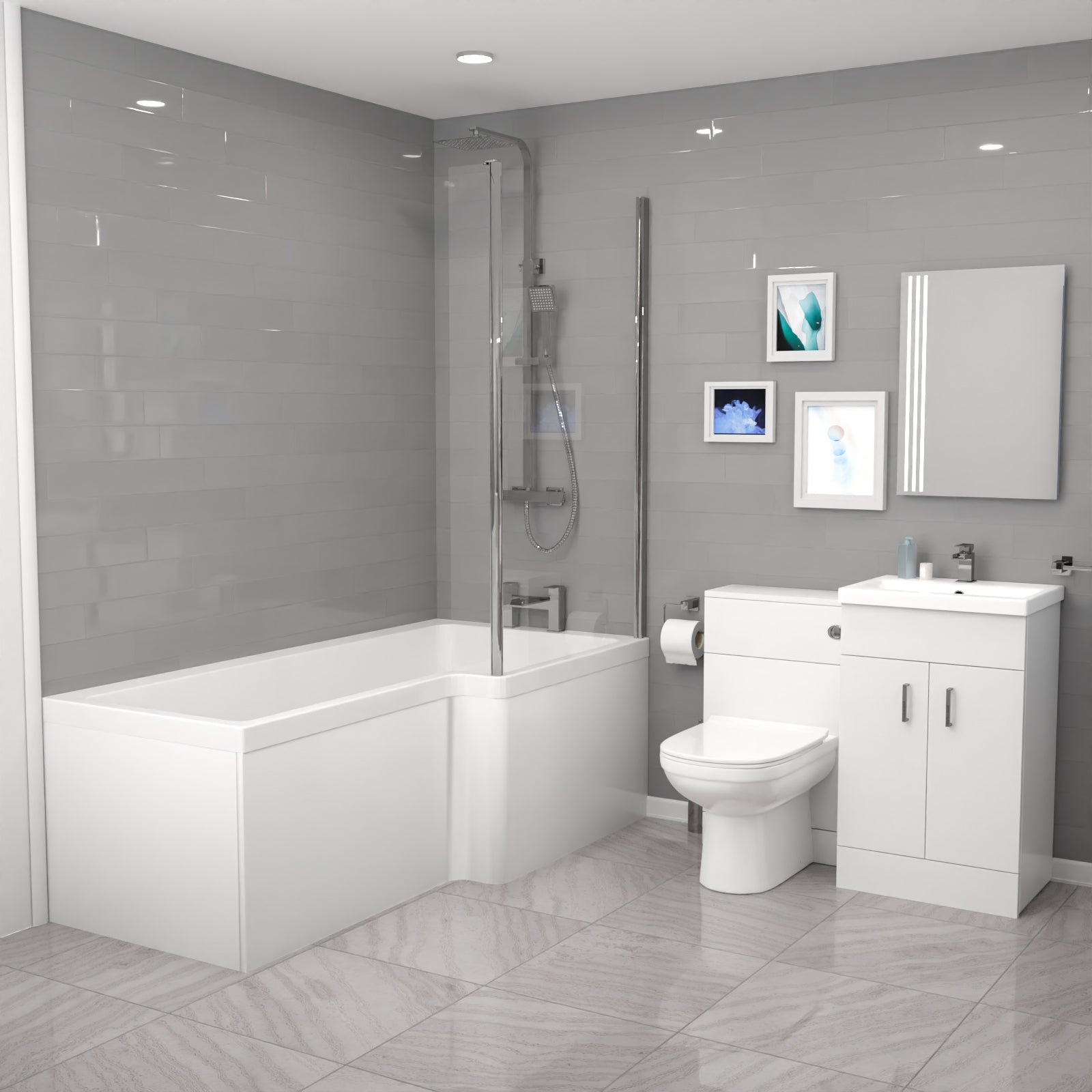 Nanuya L-Shaped RT Bath, Exposed Shower, White Basin Vanity, Taps, BTW Toilet