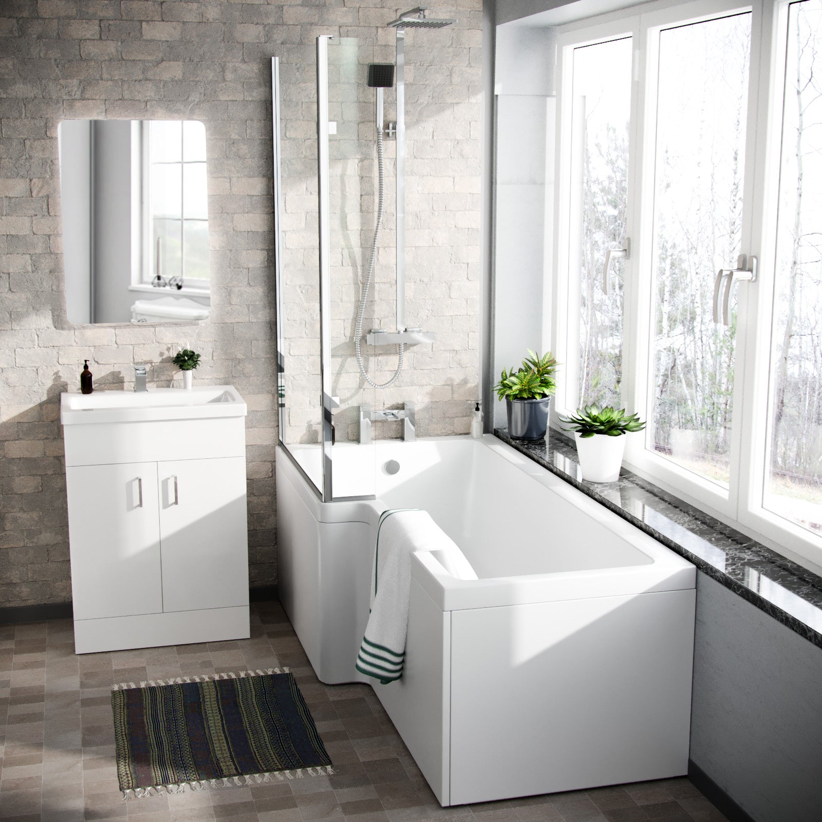 Cann L-Shaped Shower Bath with Vanity Unit & Toilet, Taps & Shower