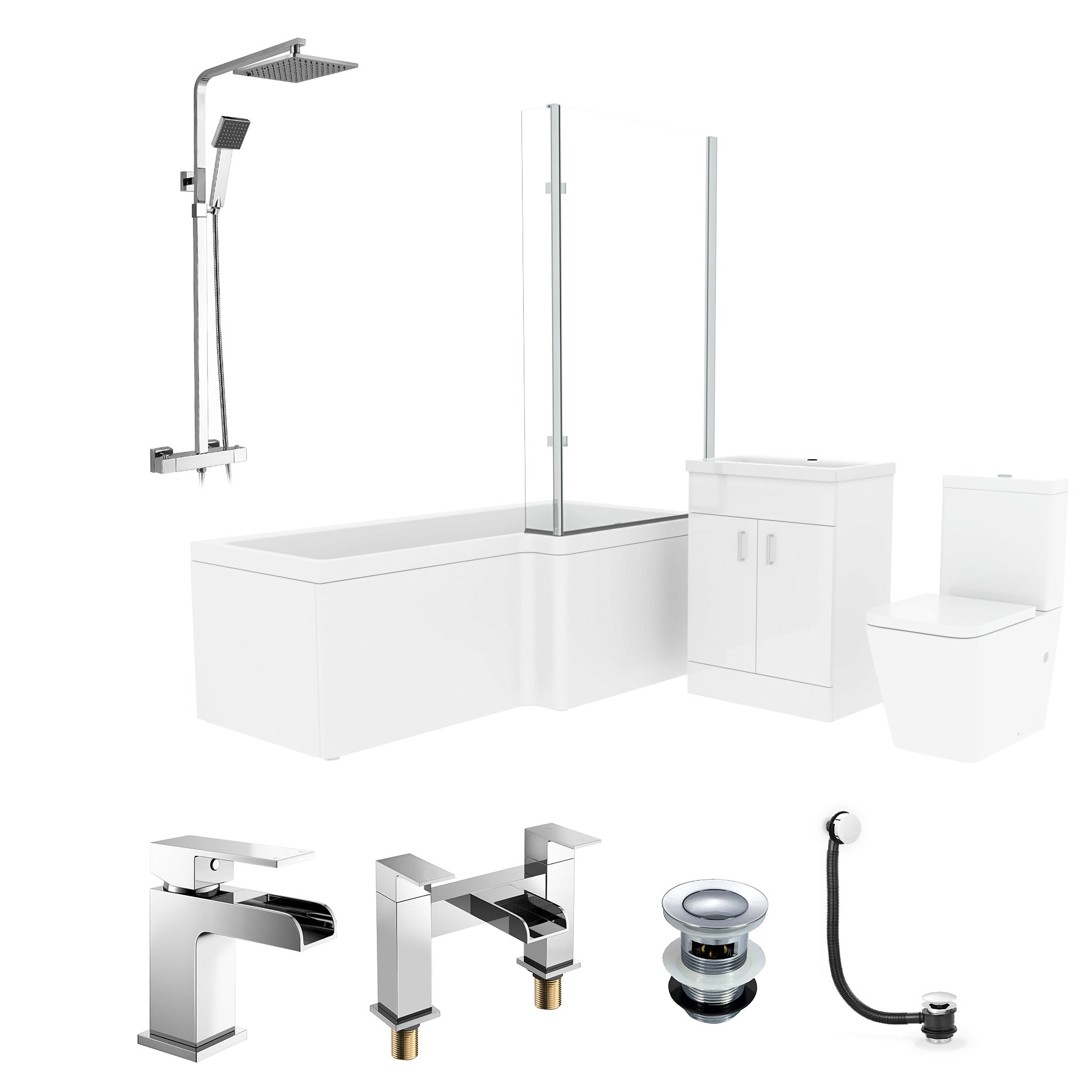 Cann L-Shaped Shower Bath with Vanity Unit & Toilet, Taps & Shower