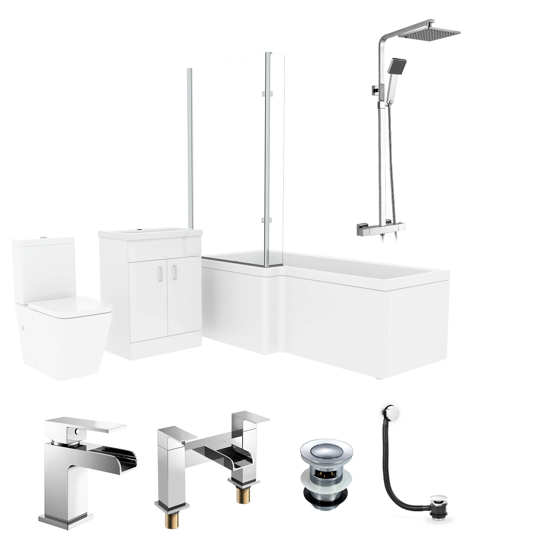 Cann L-Shaped Shower Bath with Vanity Unit & Toilet, Taps & Shower Suite