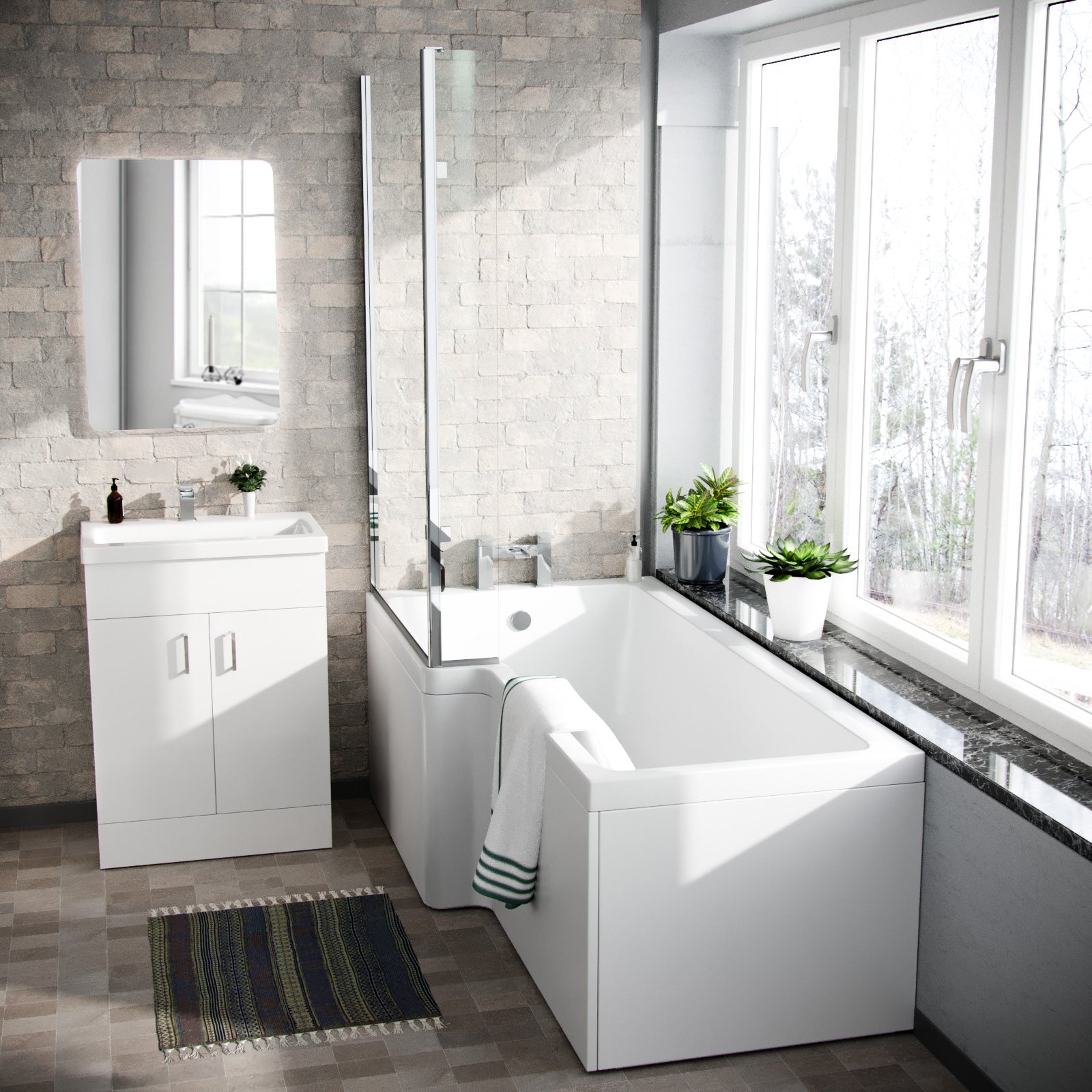 Cann L-Shaped Shower Bath with Vanity Unit & Toilet, Taps & Shower Suite