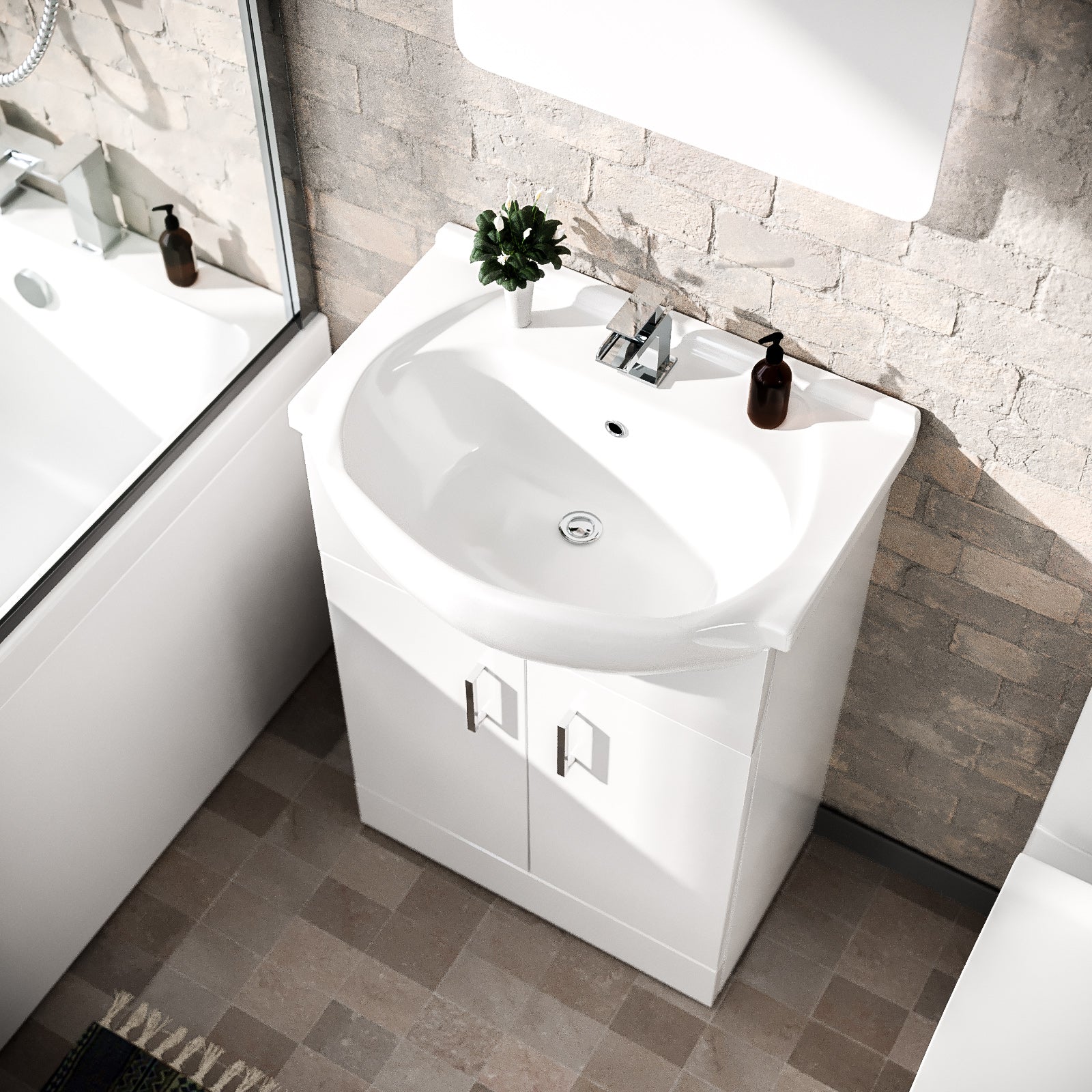 Cann L-Shaped Shower Bath with Vanity Unit, Rimless Toilet, Taps & Shower