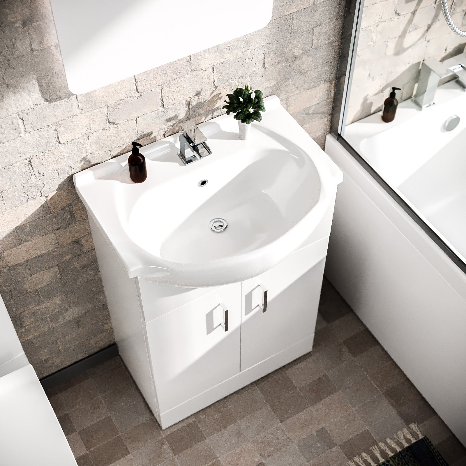 Cann L-Shaped Shower Bath with Vanity Unit, Rimless Toilet, Taps & Shower