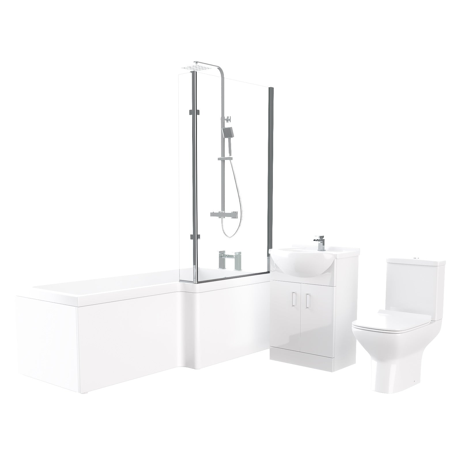 Cann L-Shaped Shower Bath with Vanity Unit, Rimless Toilet, Taps & Shower