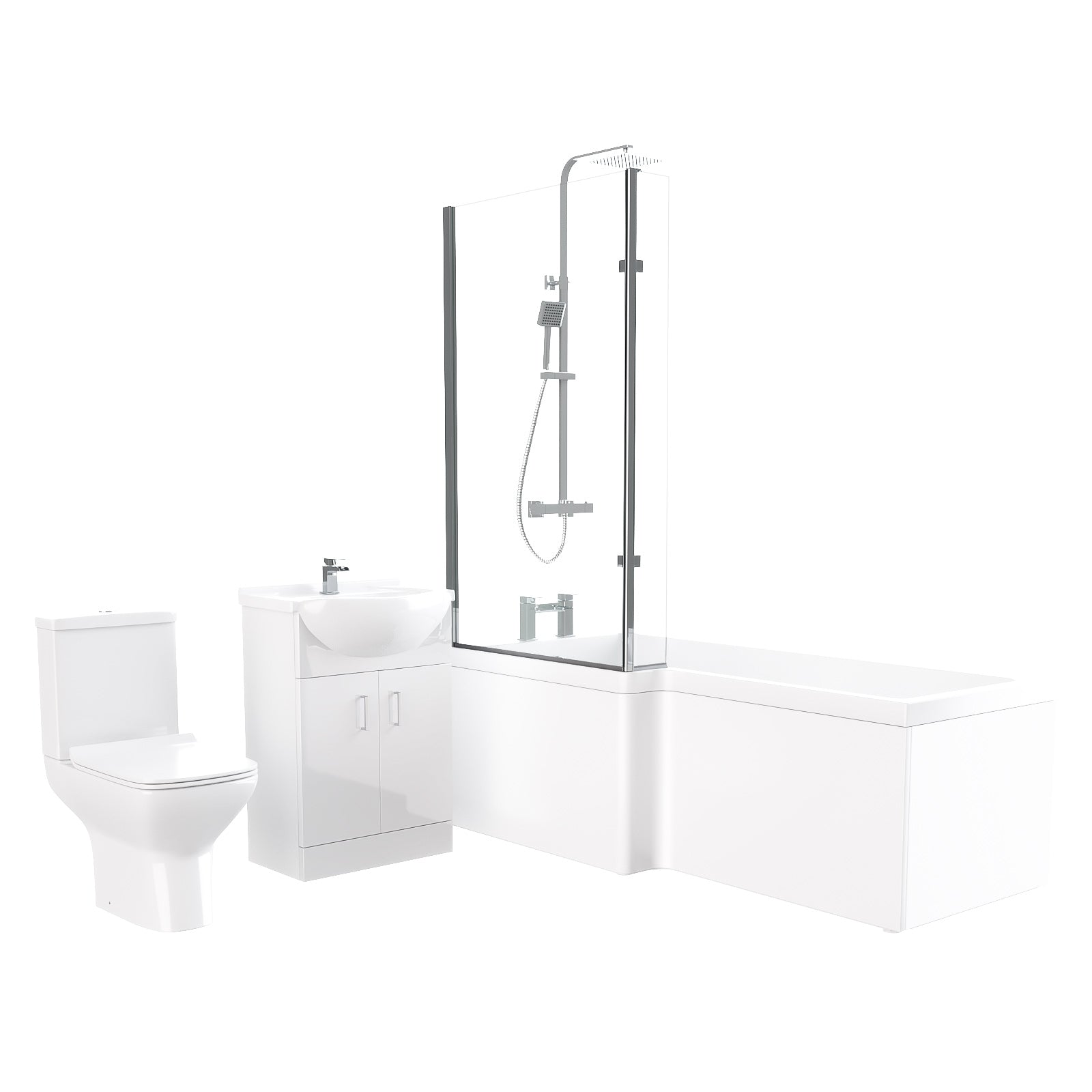 Cann L-Shaped Shower Bath with Vanity Unit, Rimless Toilet, Taps & Shower