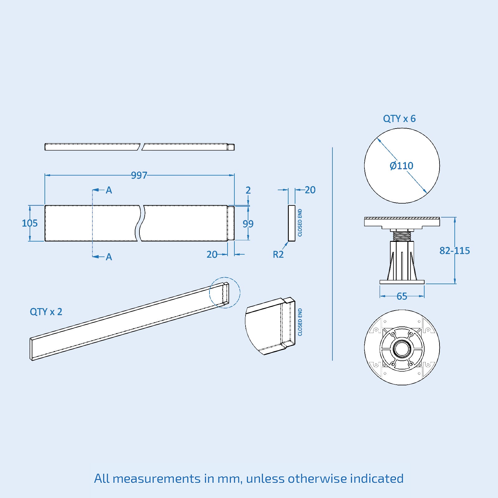 Leg Set for 700-900mm Square & Rectangular Shower Trays