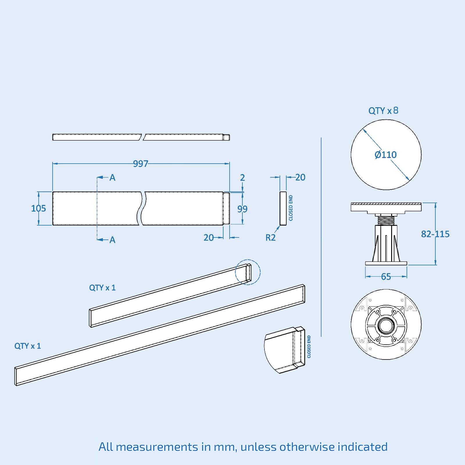 Shower Tray Panels 1000 x 1800mm & 8 Riser Legs Set