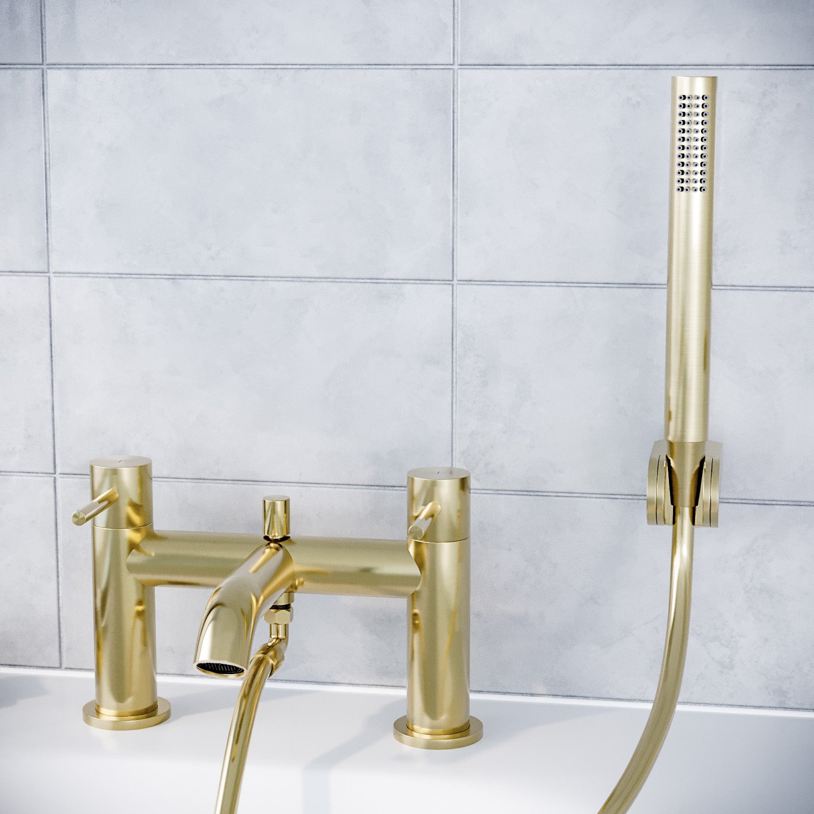 Alice Brushed Brass Designer Deck Mounted Bath Shower Mixer Tap with Handheld Kit