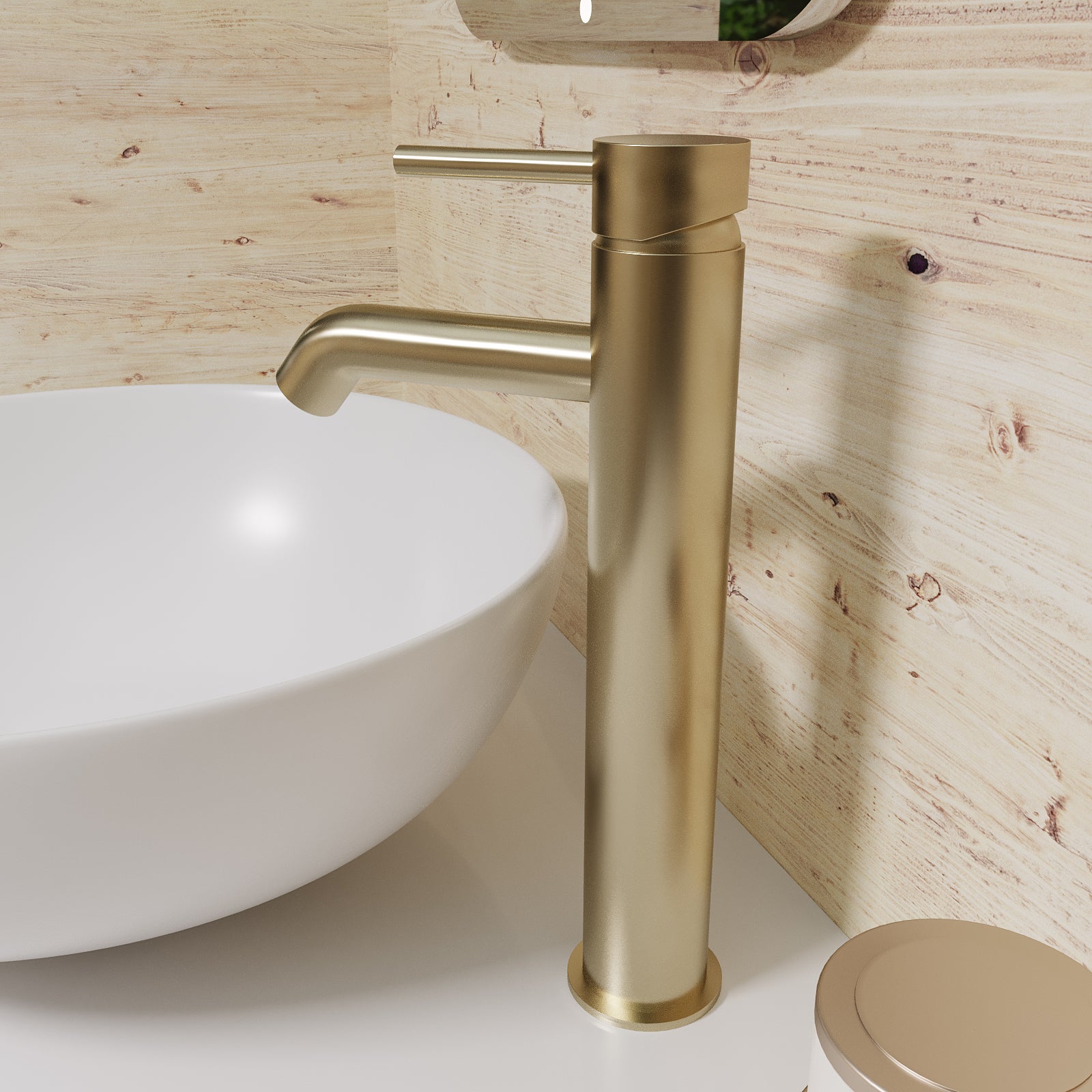 Alice Countertop Brushed Brass Tall Round Single Lever Basin Mono Mixer Tap