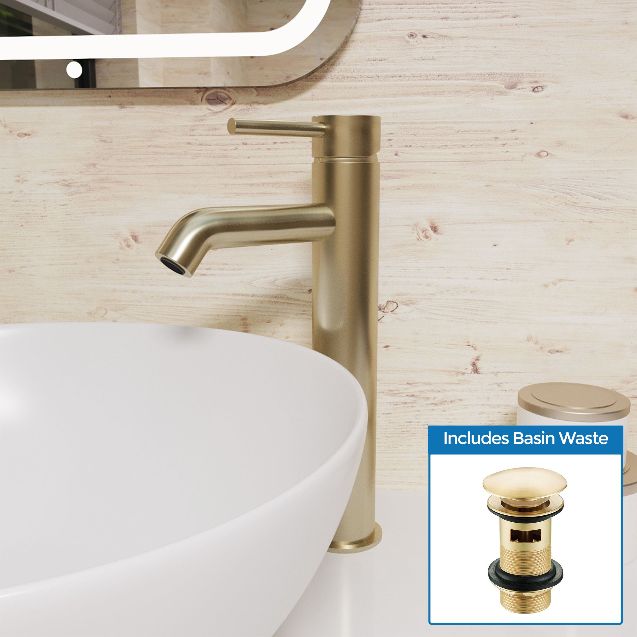 Alice Countertop Brushed Brass Tall Round Single Lever Basin Mono Mixer Tap