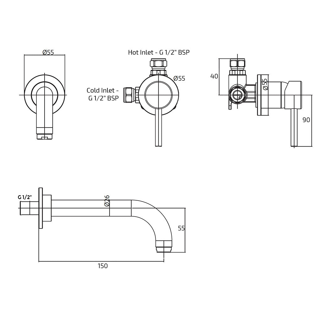 Alice Bathroom Basin Sink Wall Mounted Spout With Concealed Single Lever Mixer Tap