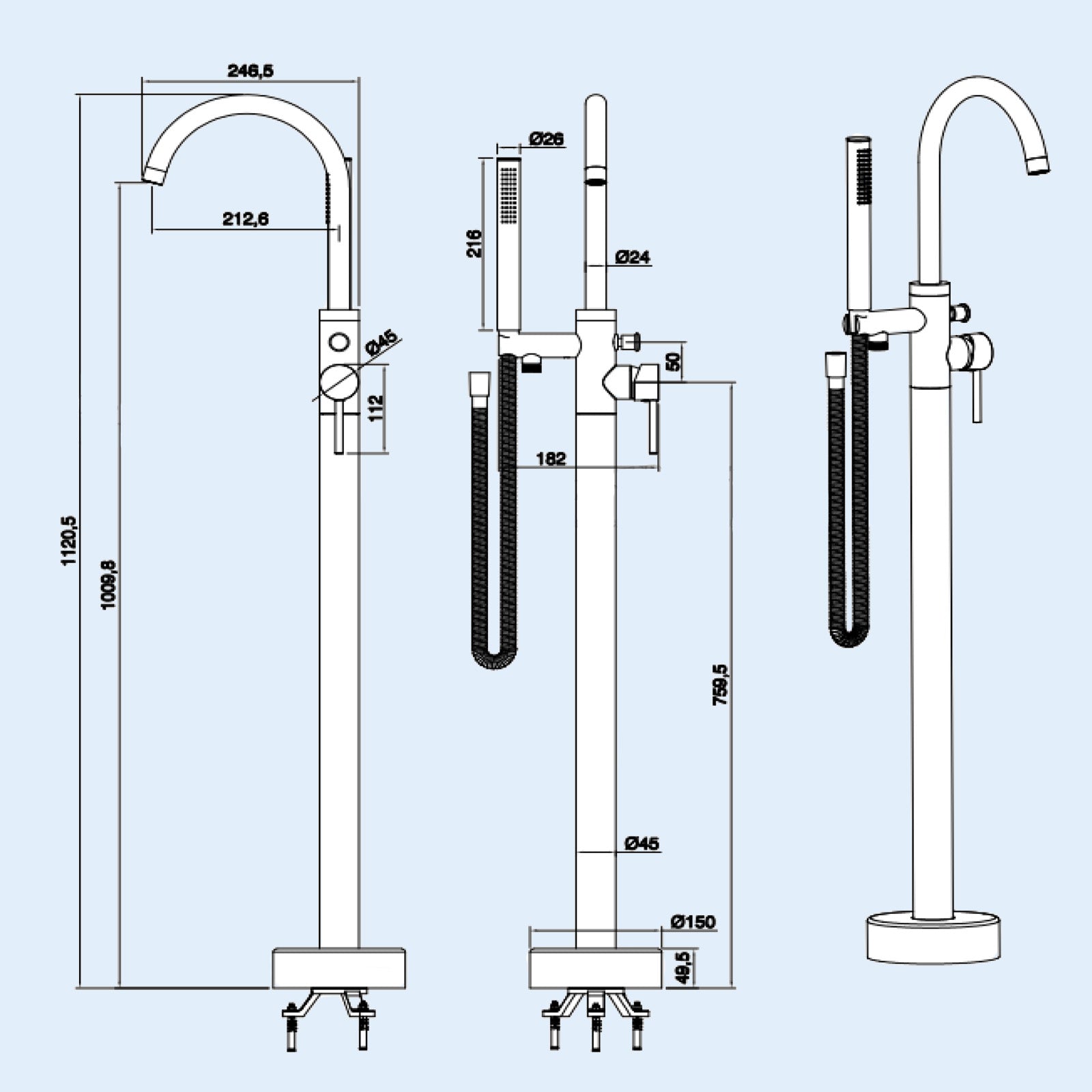 Alice Brushed Brass Freestanding Bath Shower Mixer Tap with Handheld Kit