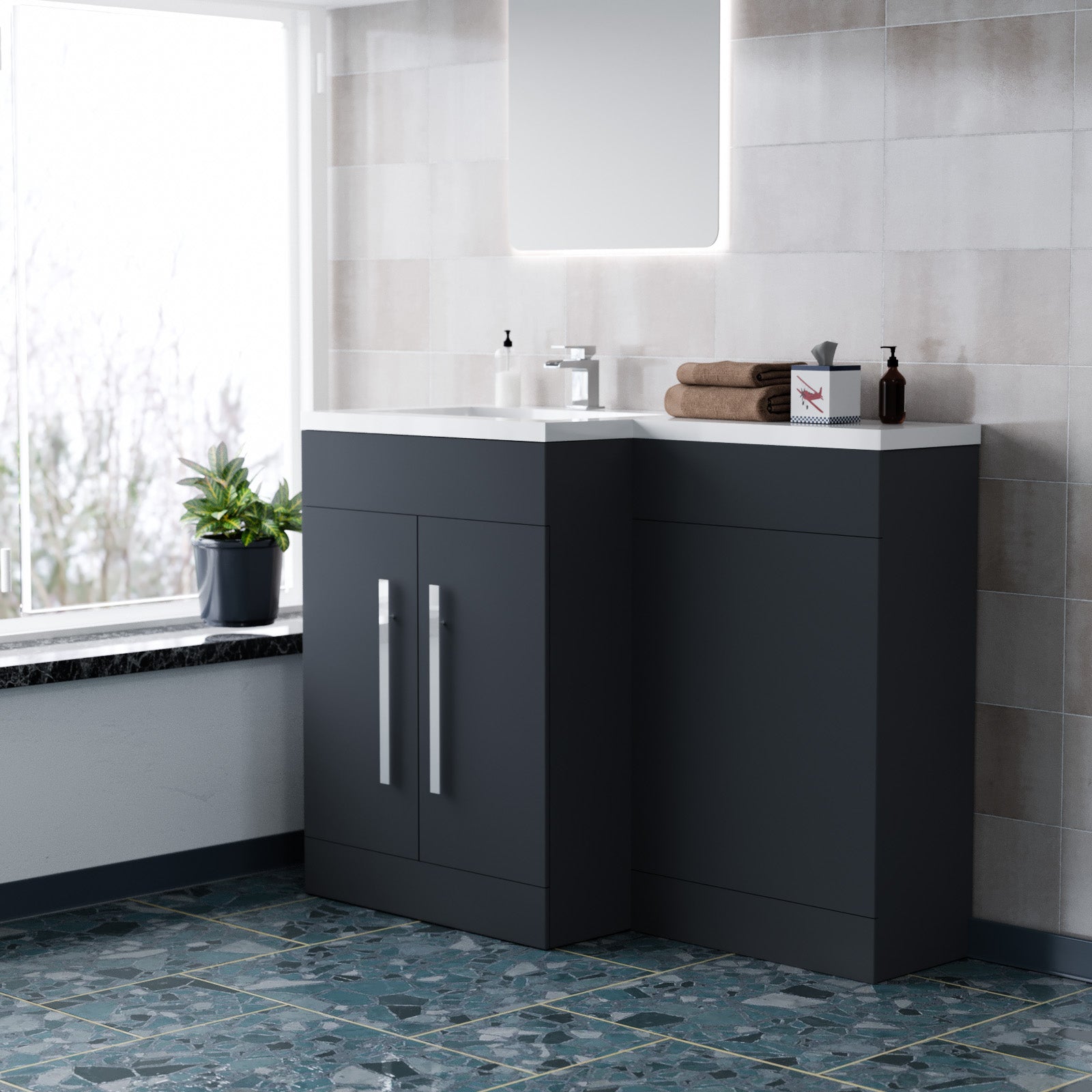1100mm Left Hand Dark Matte Grey Bathroom Basin Combination Vanity Unit