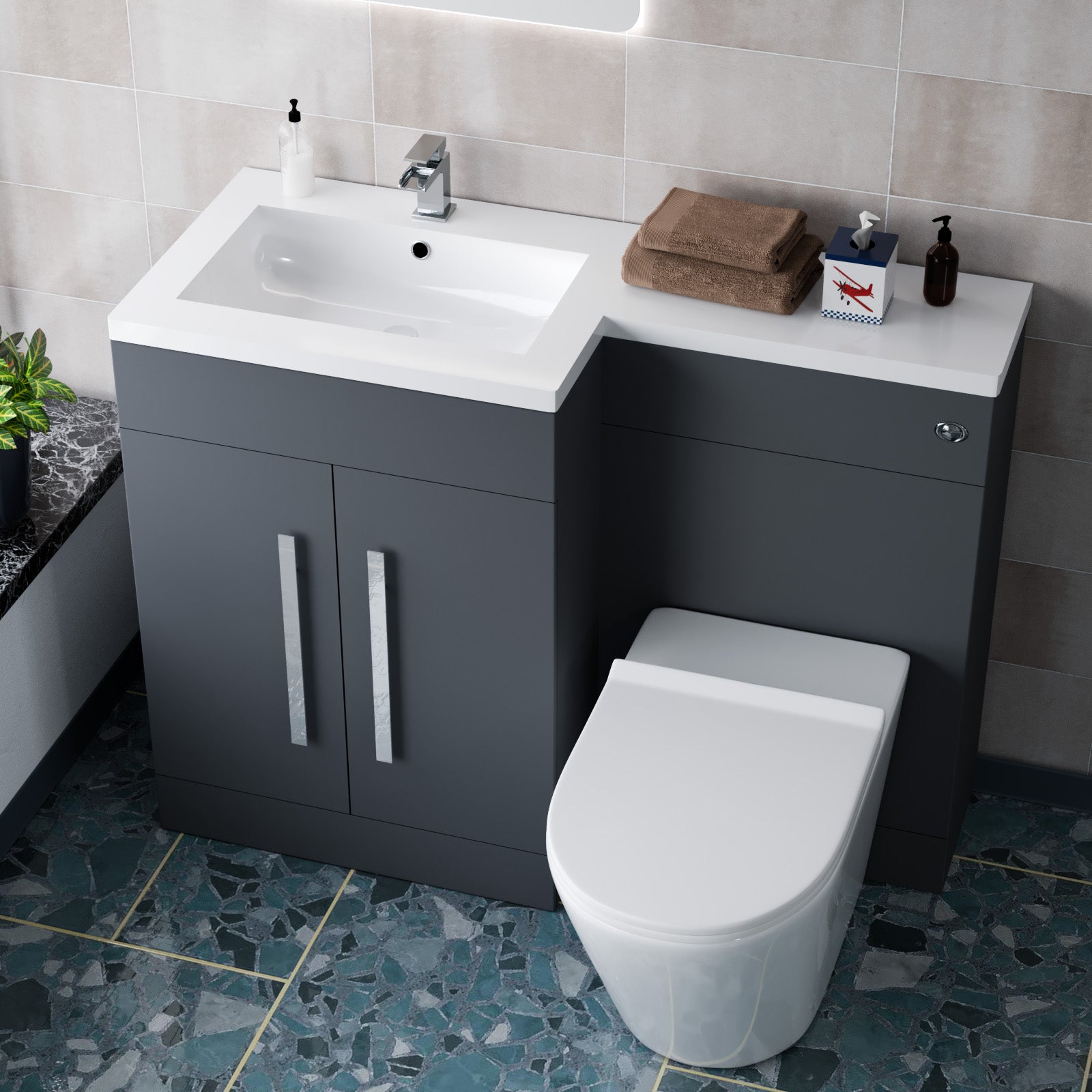 1100mm LH Dark Matte Grey Basin Vanity WC Unit & Back To Wall Toilet