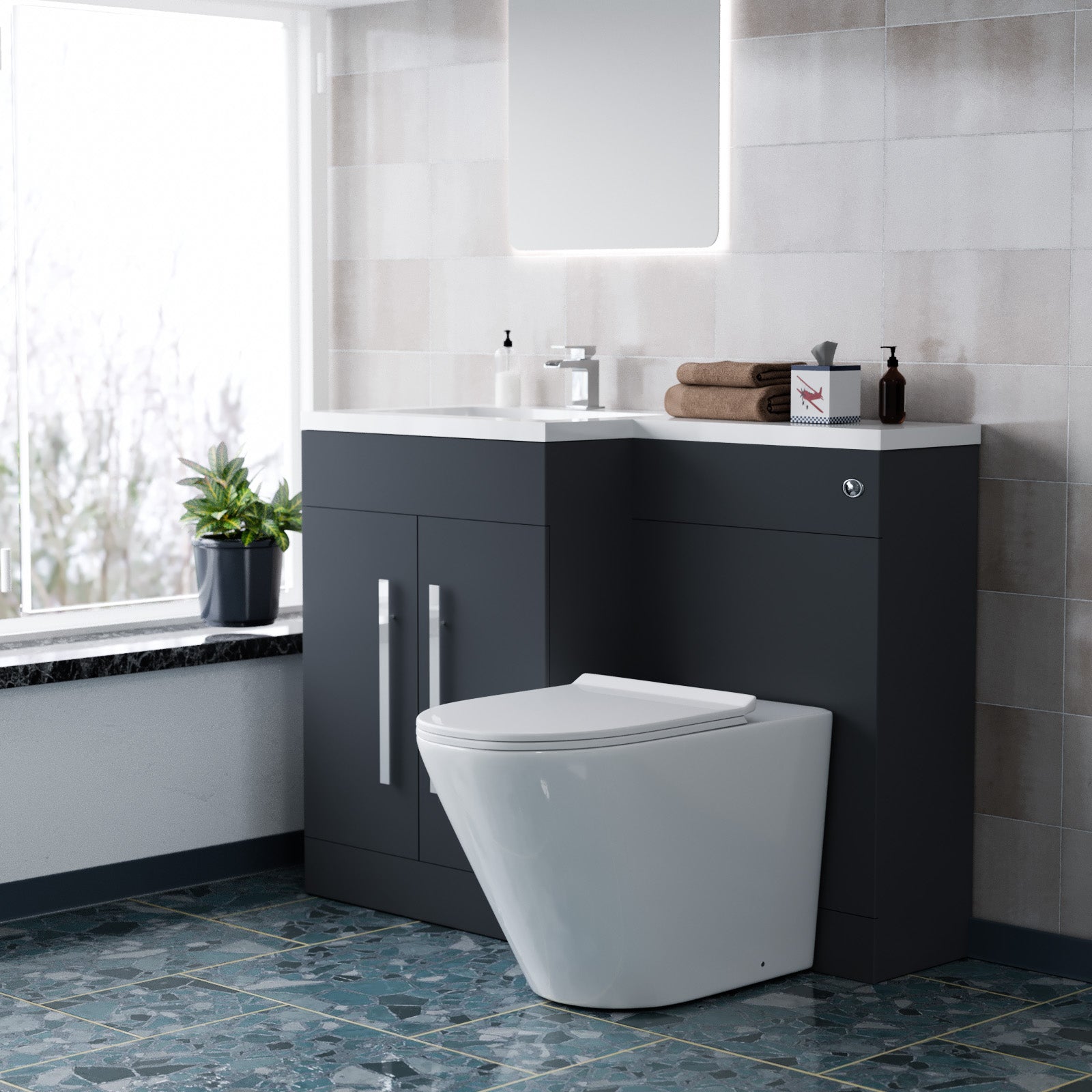 1100mm LH Dark Matte Grey Basin Vanity WC Unit & Back To Wall Toilet