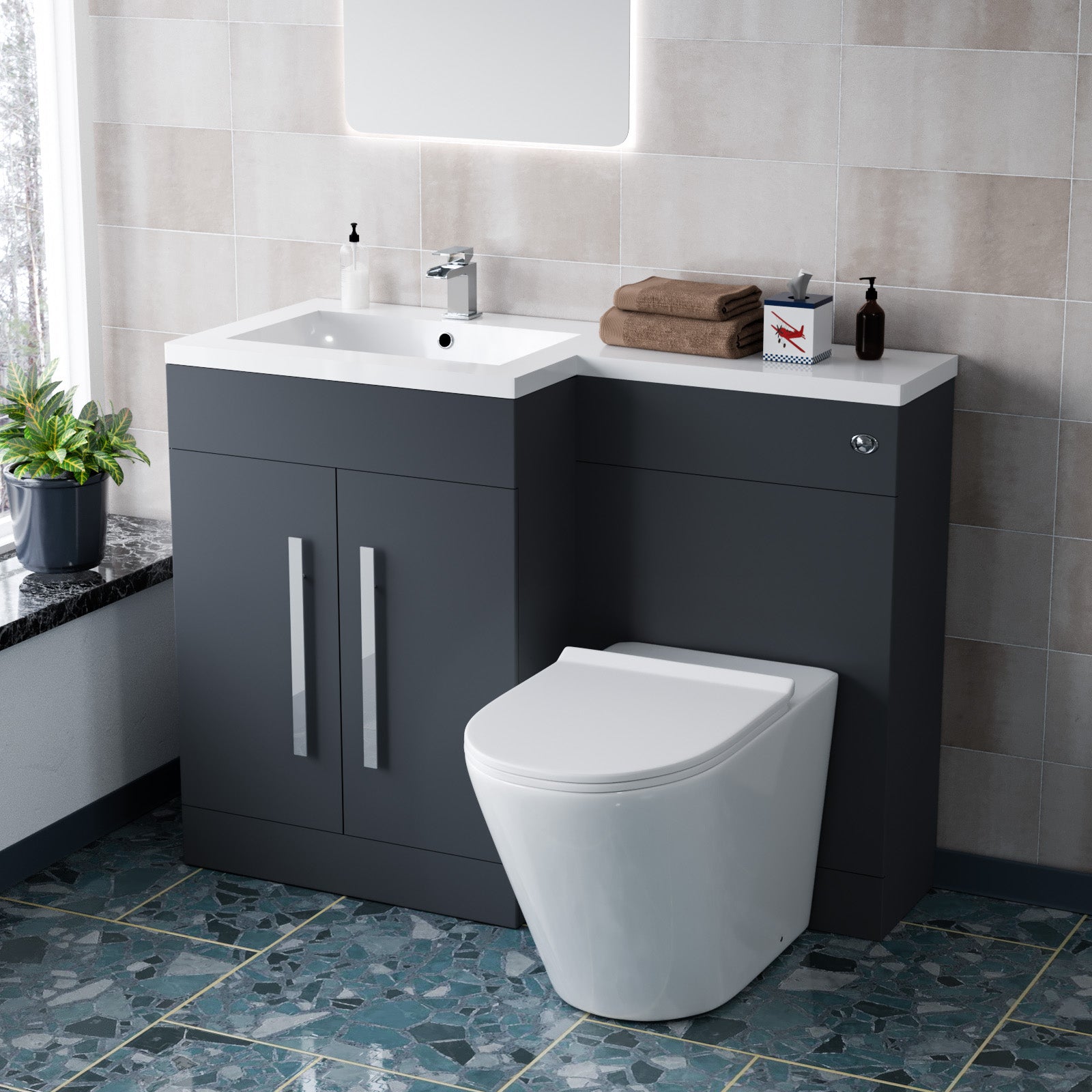 1100mm LH Dark Matte Grey Basin Vanity WC Unit & Back To Wall Toilet