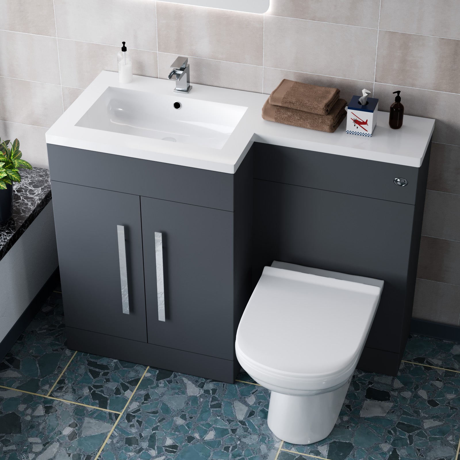 1100mm Left Hand Dark Matte Grey Basin Vanity WC Unit & Toilet Set