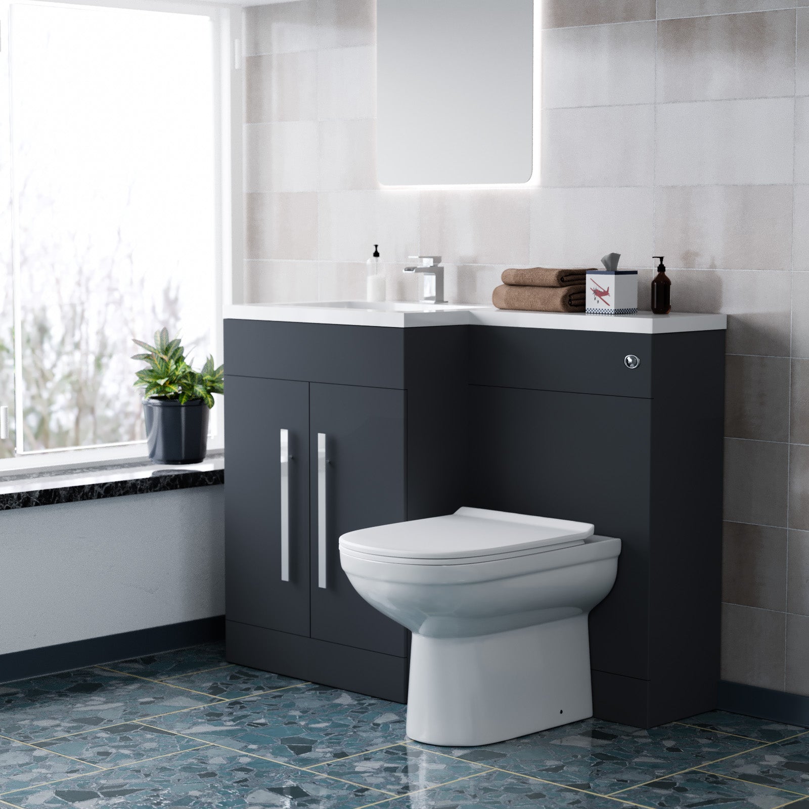 1100mm Left Hand Dark Matte Grey Basin Vanity WC Unit & Toilet Set