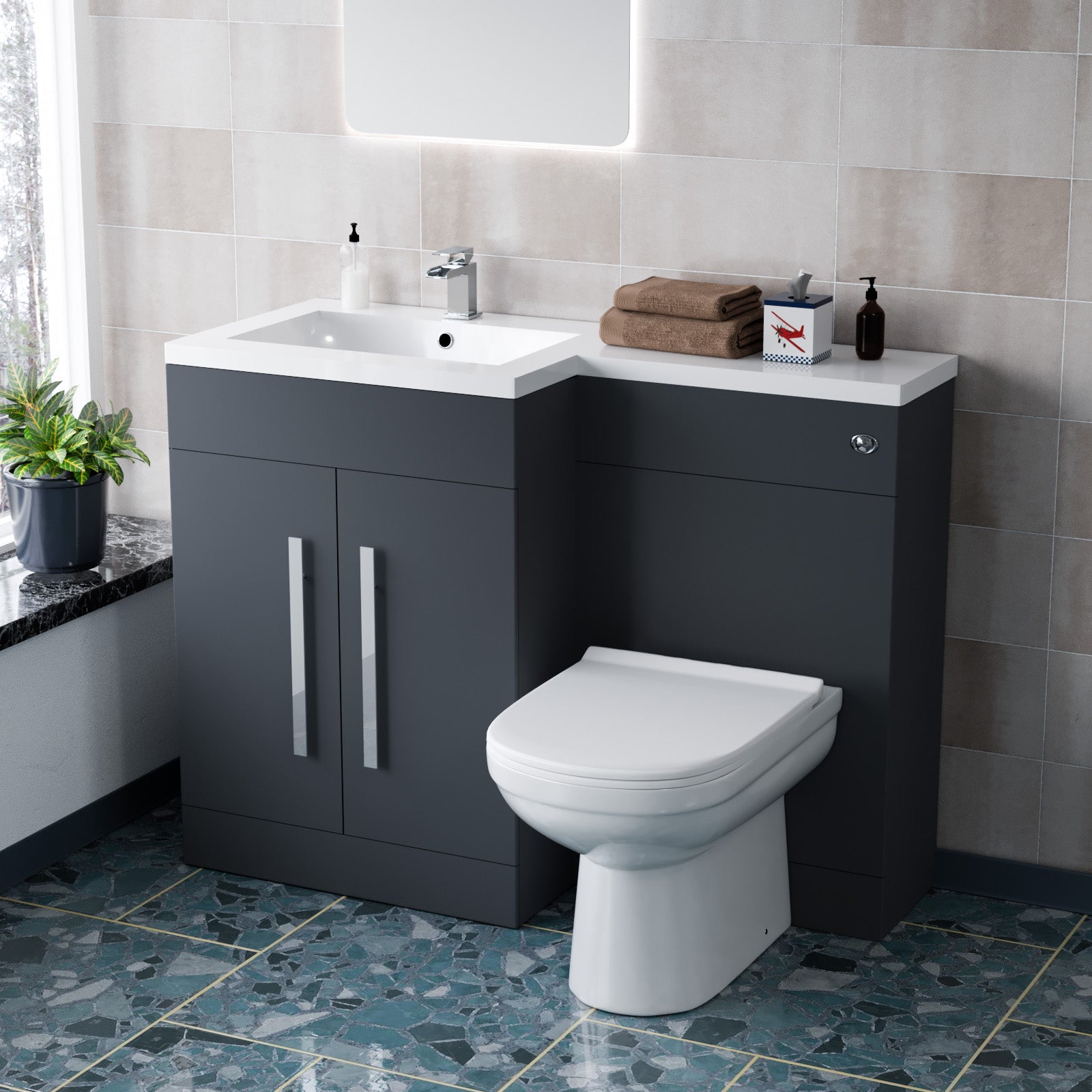 1100mm Left Hand Dark Matte Grey Basin Vanity WC Unit & Toilet Set