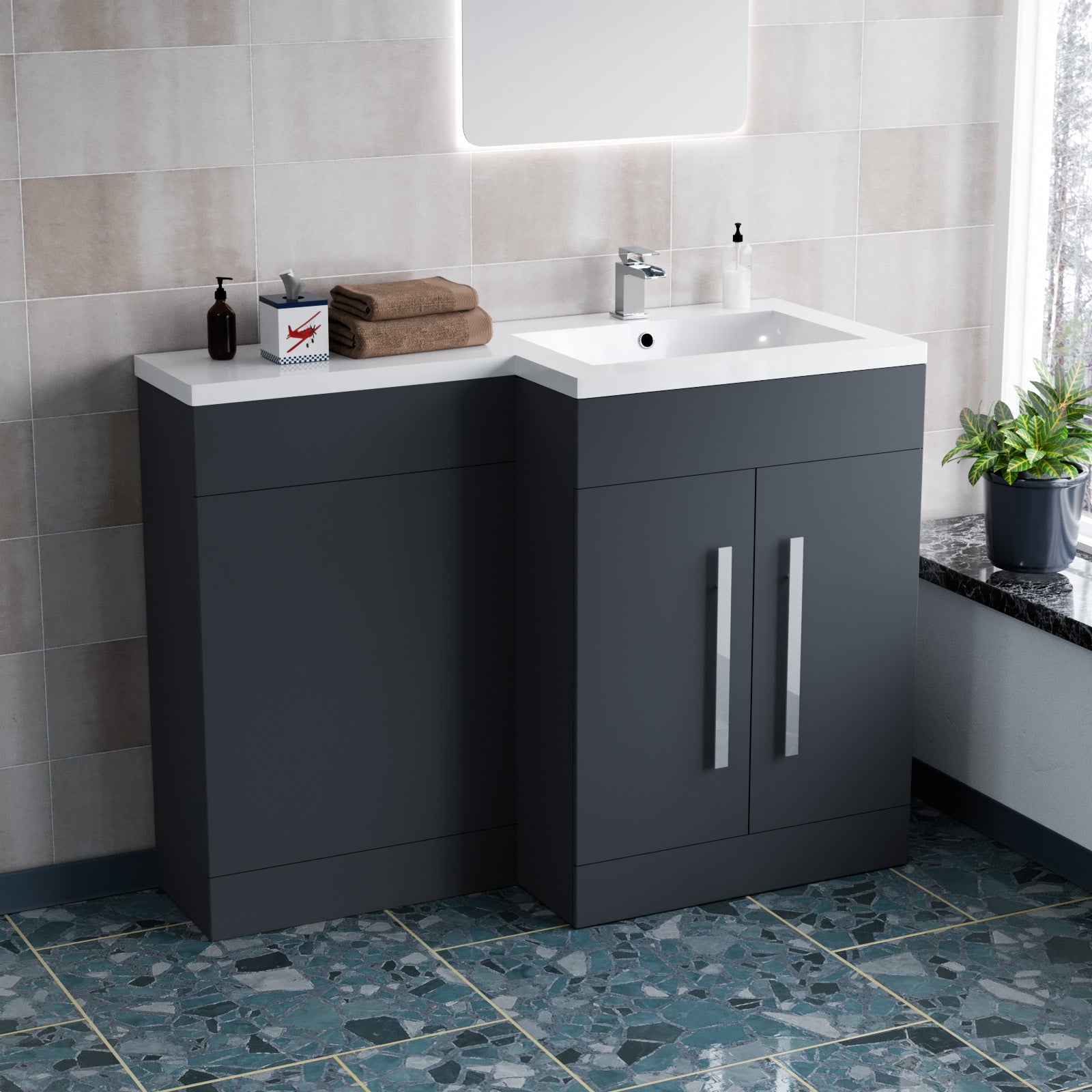 1100mm Right Hand Dark Matte Grey Bathroom Basin Vanity Unit Set