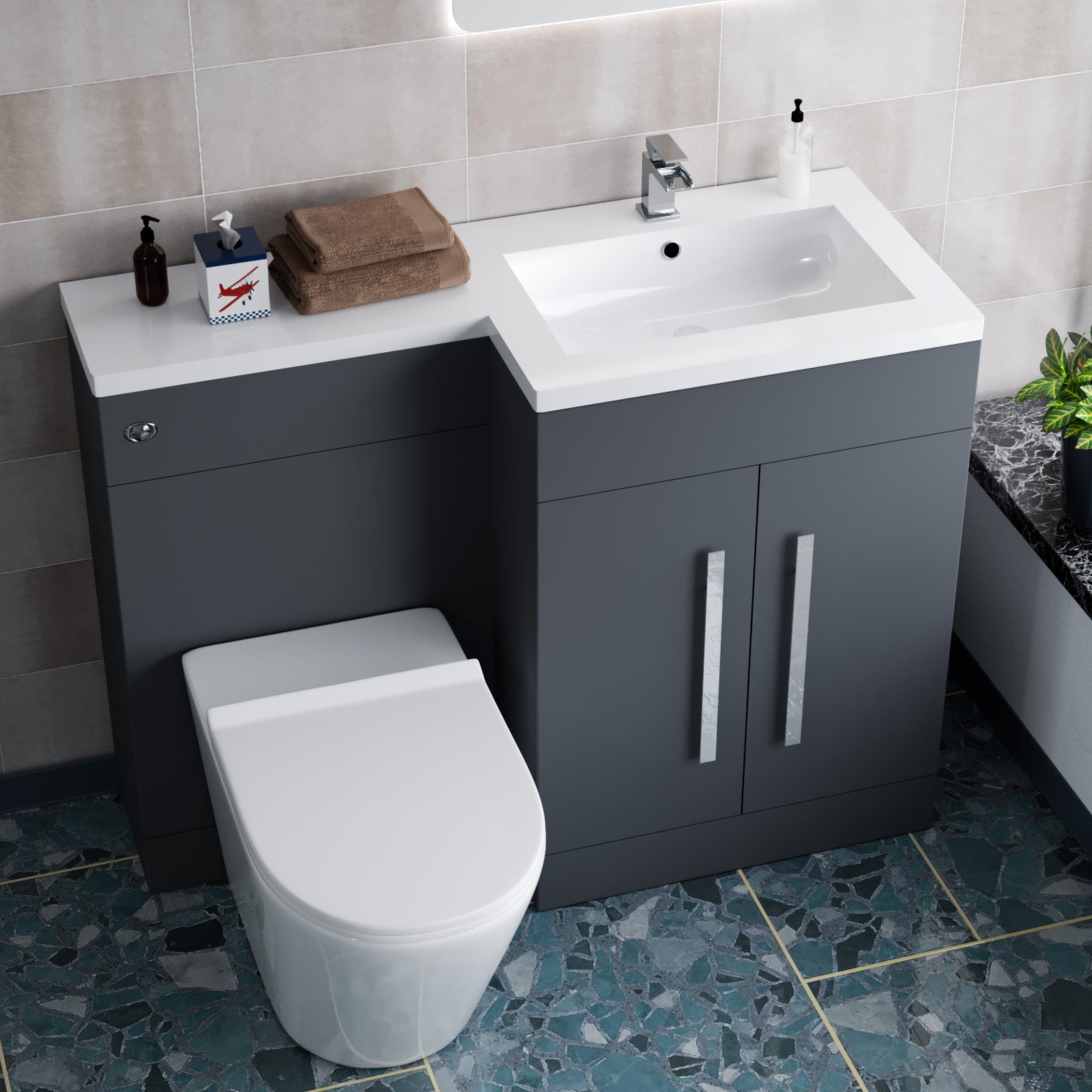1100mm RH Dark Matte Grey Basin Vanity WC Unit & Back To Wall Toilet