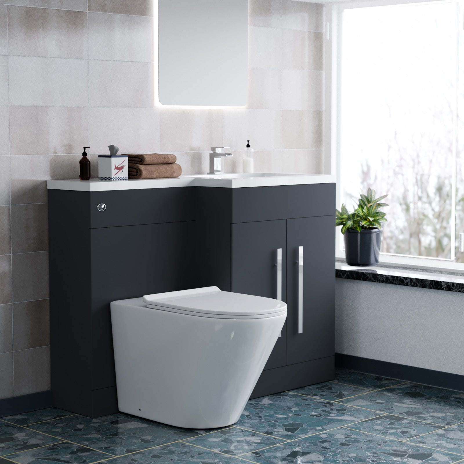 1100mm RH Dark Matte Grey Basin Vanity WC Unit & Back To Wall Toilet