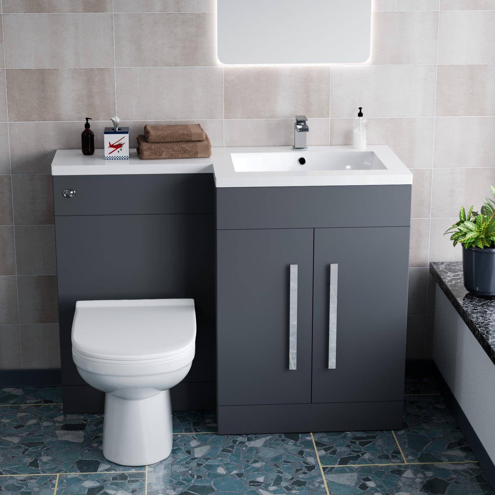 1100mm Right Hand Dark Matte Grey Basin Vanity WC Unit & Toilet