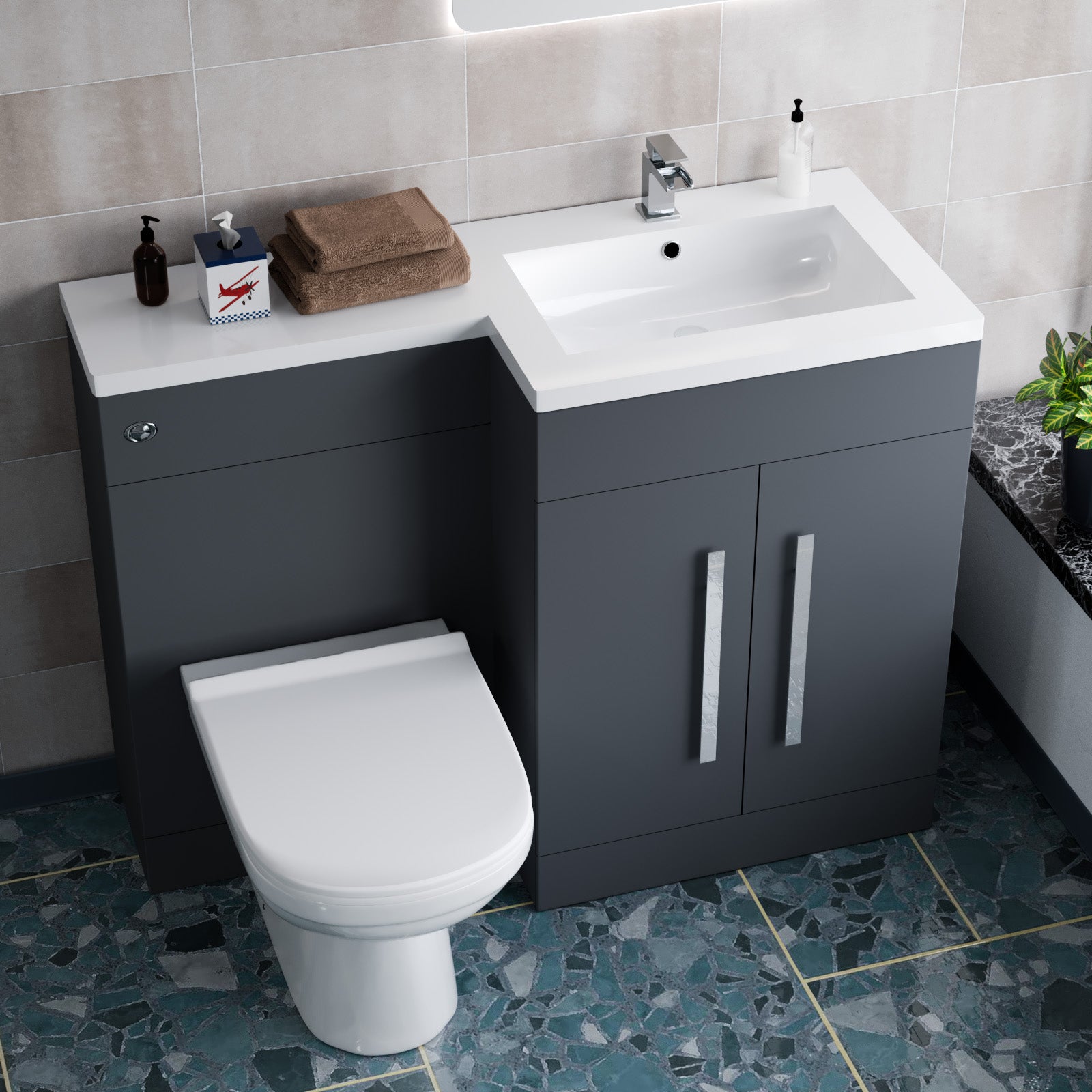 1100mm Right Hand Dark Matte Grey Basin Vanity WC Unit & Toilet