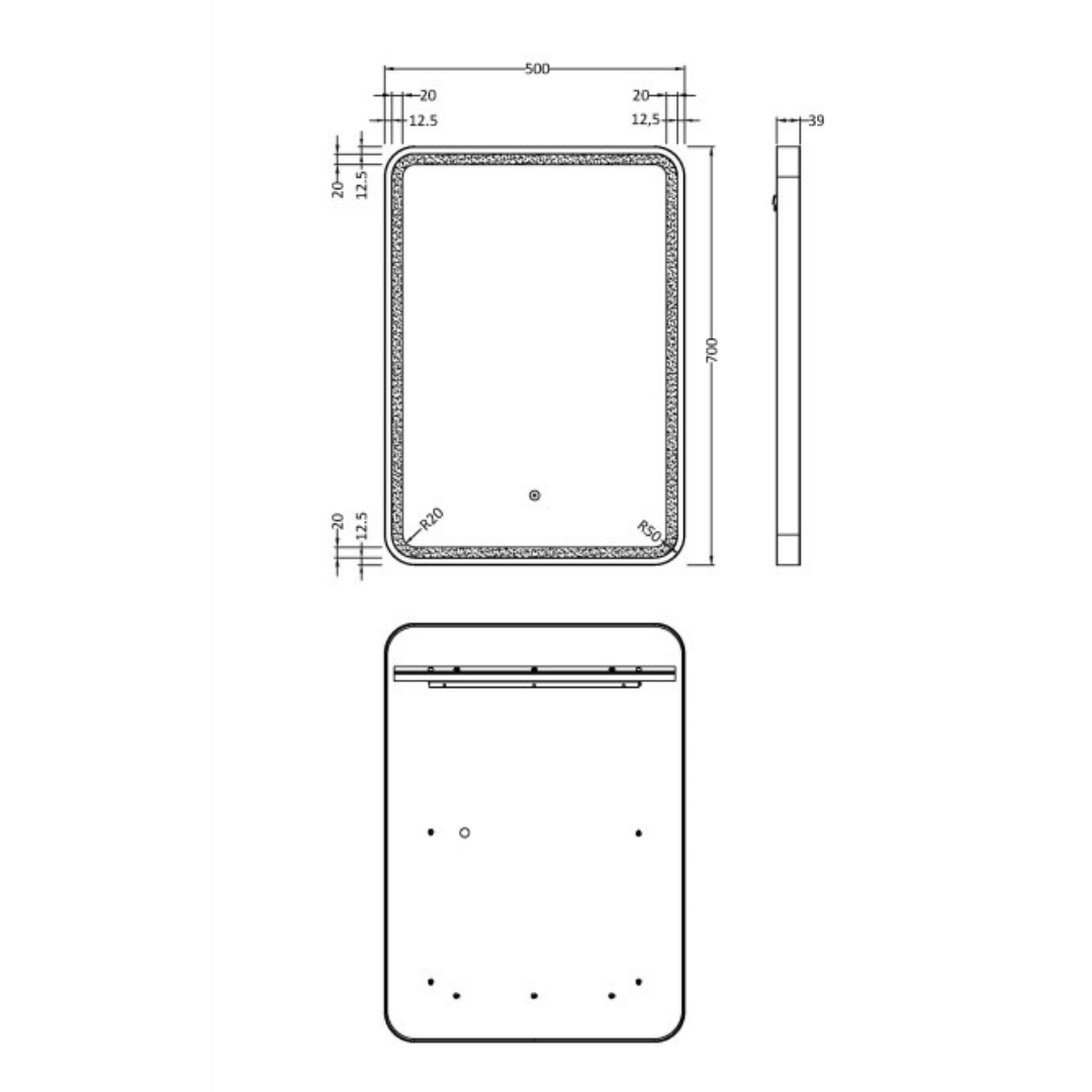 Nuie 700 x 500mm Black Frame Touch Sensor LED Rectangular Mirror With Demister