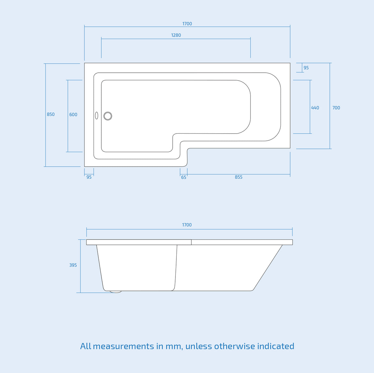 1700mm Left Hand L Shaped Shower Bath With Front Panel & Matte Black Screen