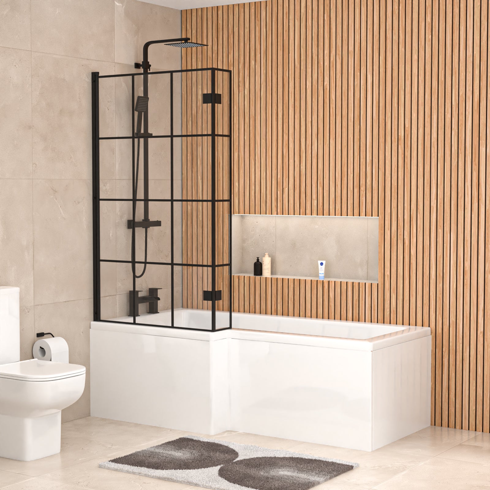 Left Hand L Shaped Shower Bath With Panels & Matte Black Grid Screen