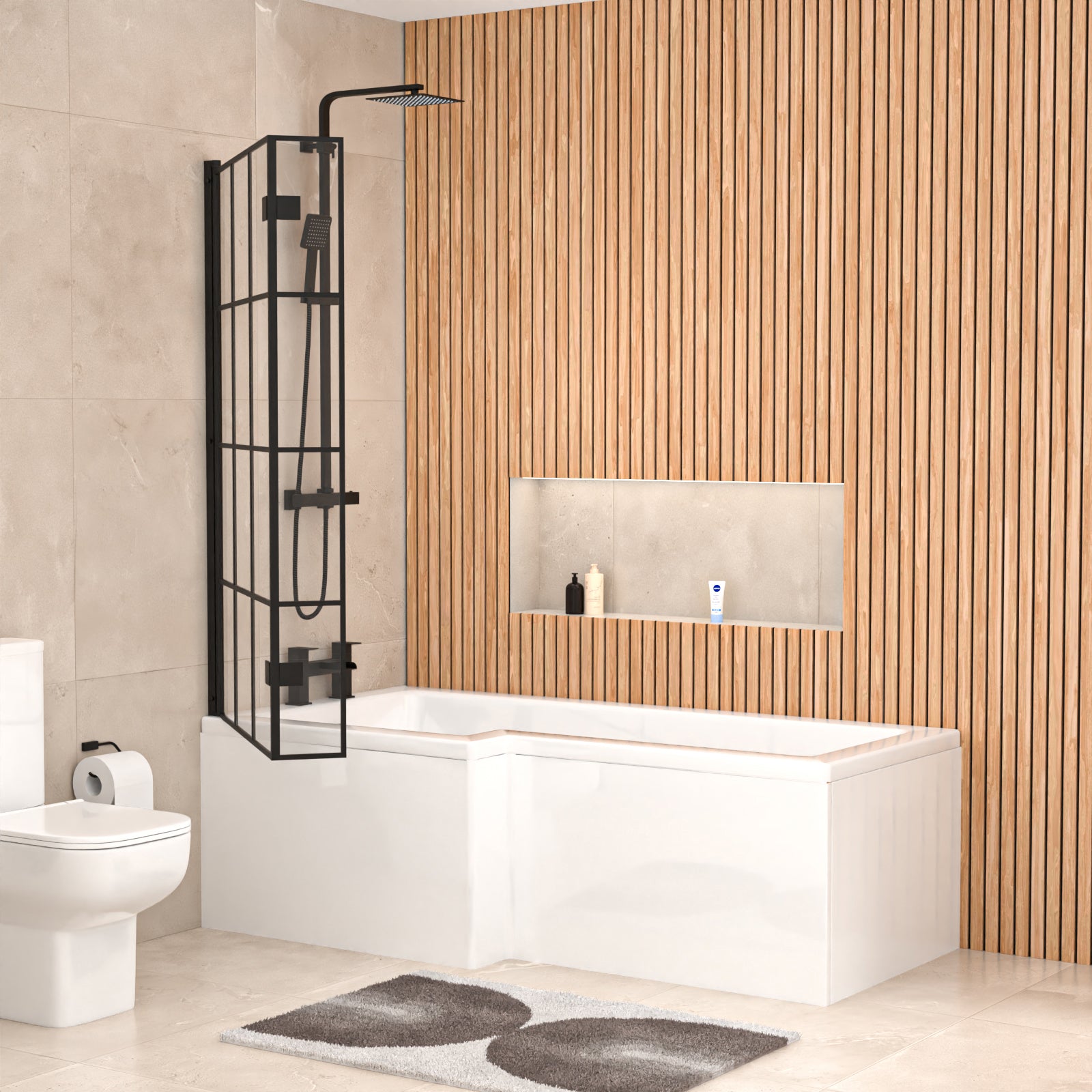 Left Hand L Shaped Shower Bath With Panels & Matte Black Grid Screen